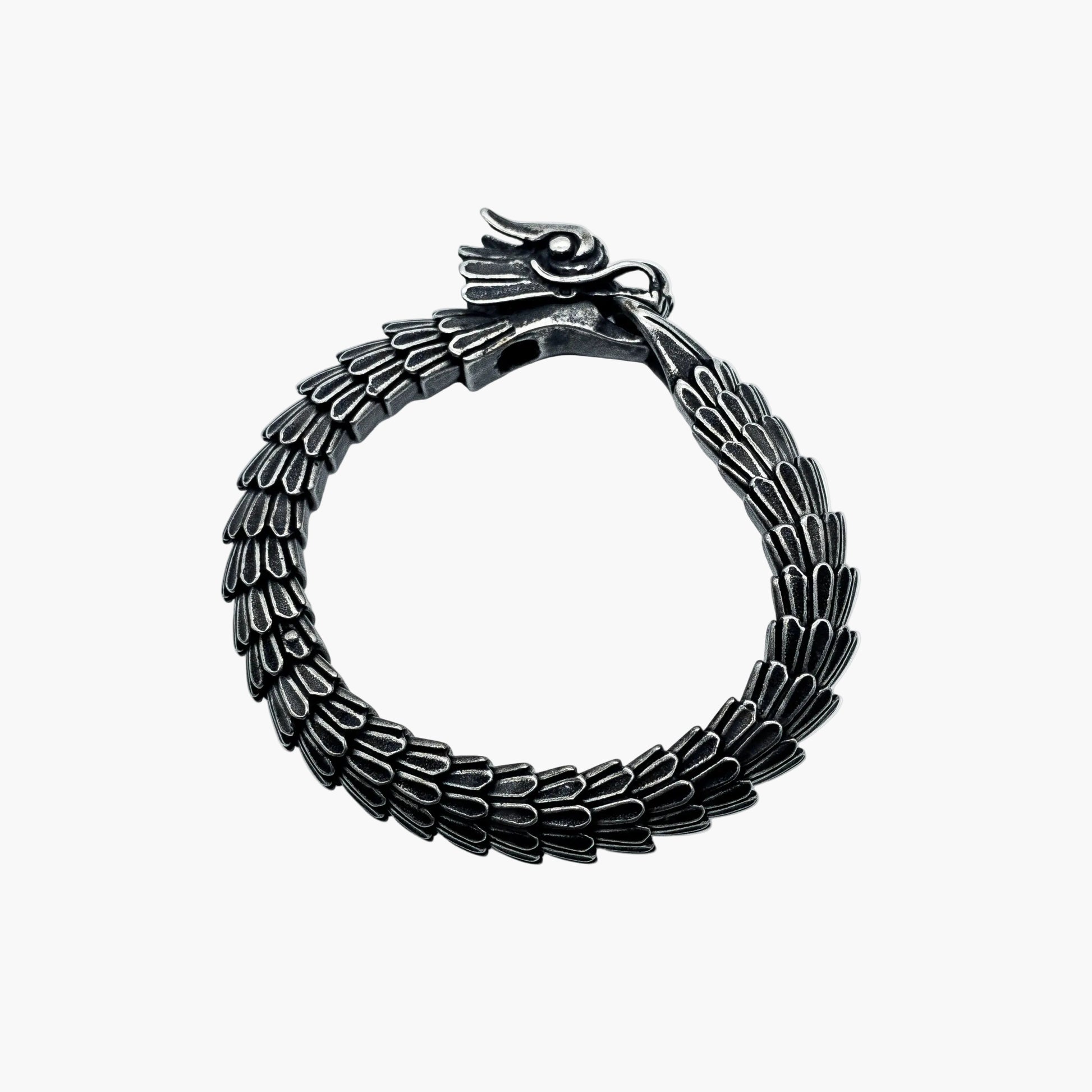 Black Dragon bracelet outer face flat showing Norse dragon head and links