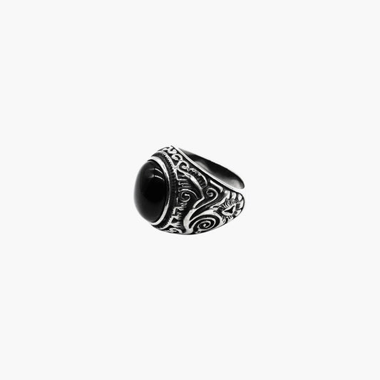 HOUSE OF ROK Black Stone Ring with Black Opal Bezel Setting