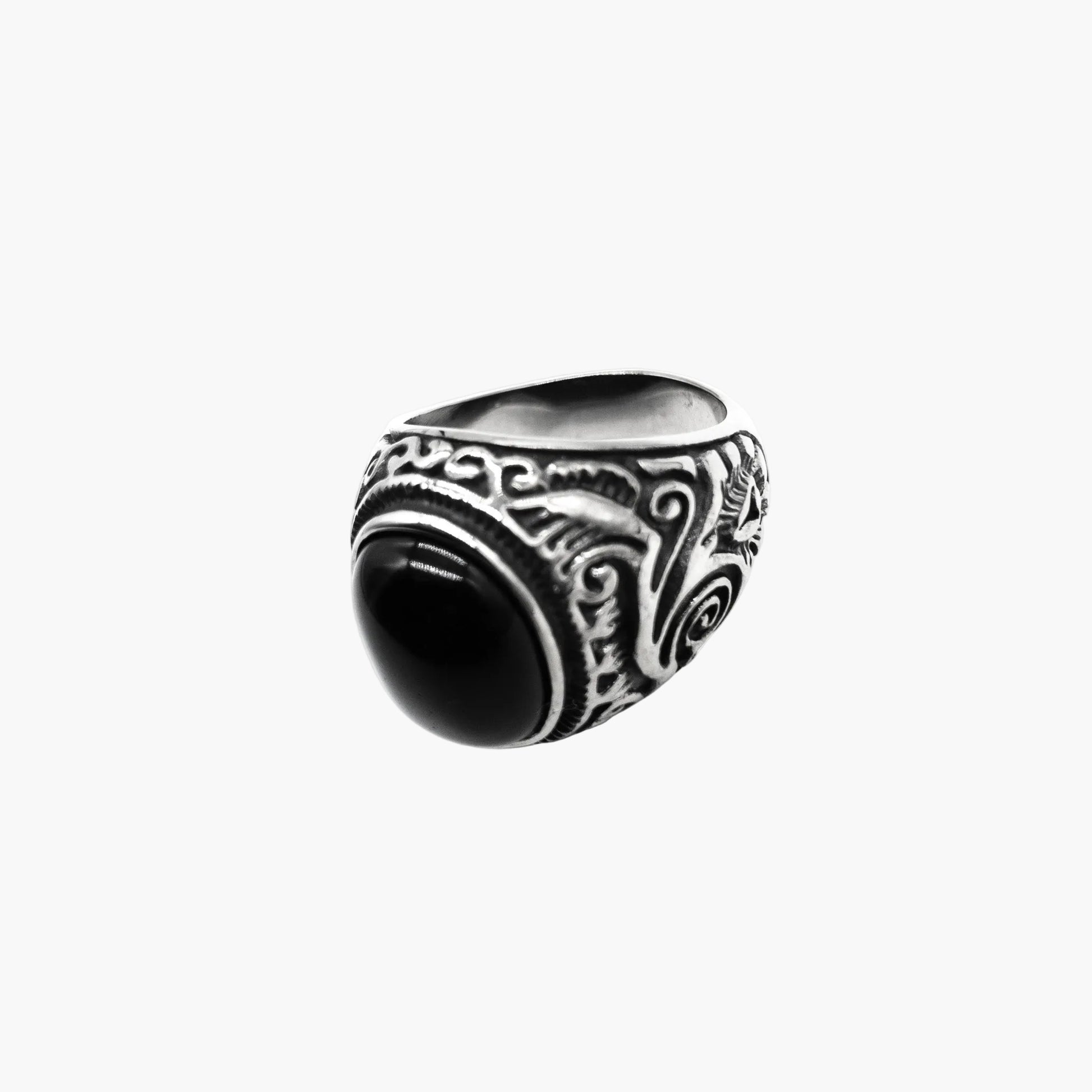 angled view of men's black opal statement ring
