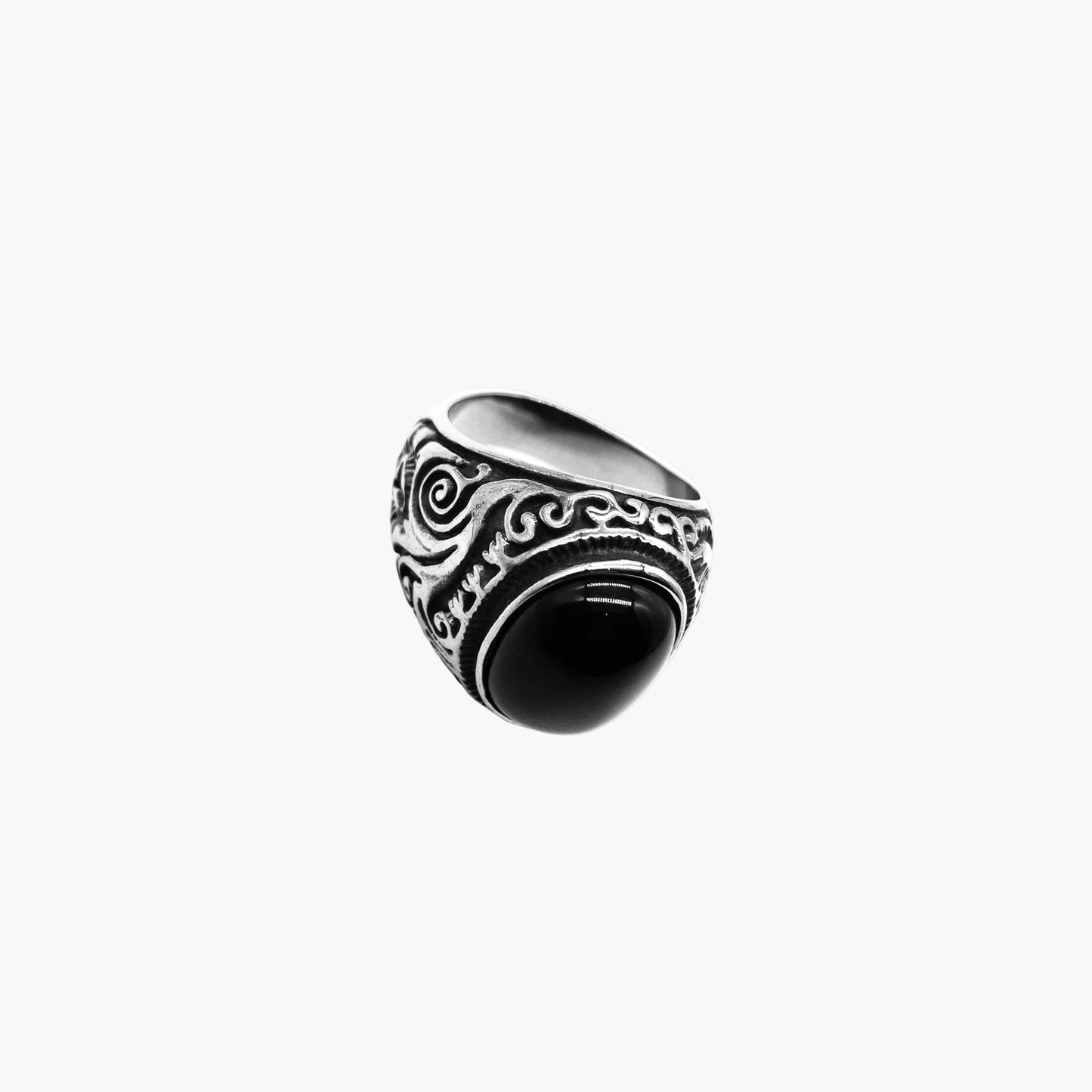 side profile of black stone ring showing band width