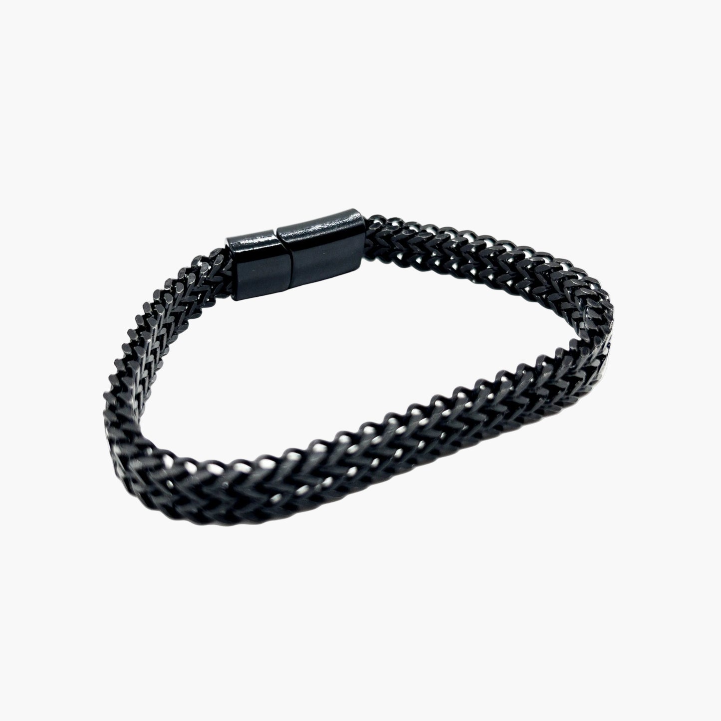 right angle view of Blacklinks black ceramic link bracelet smooth finish