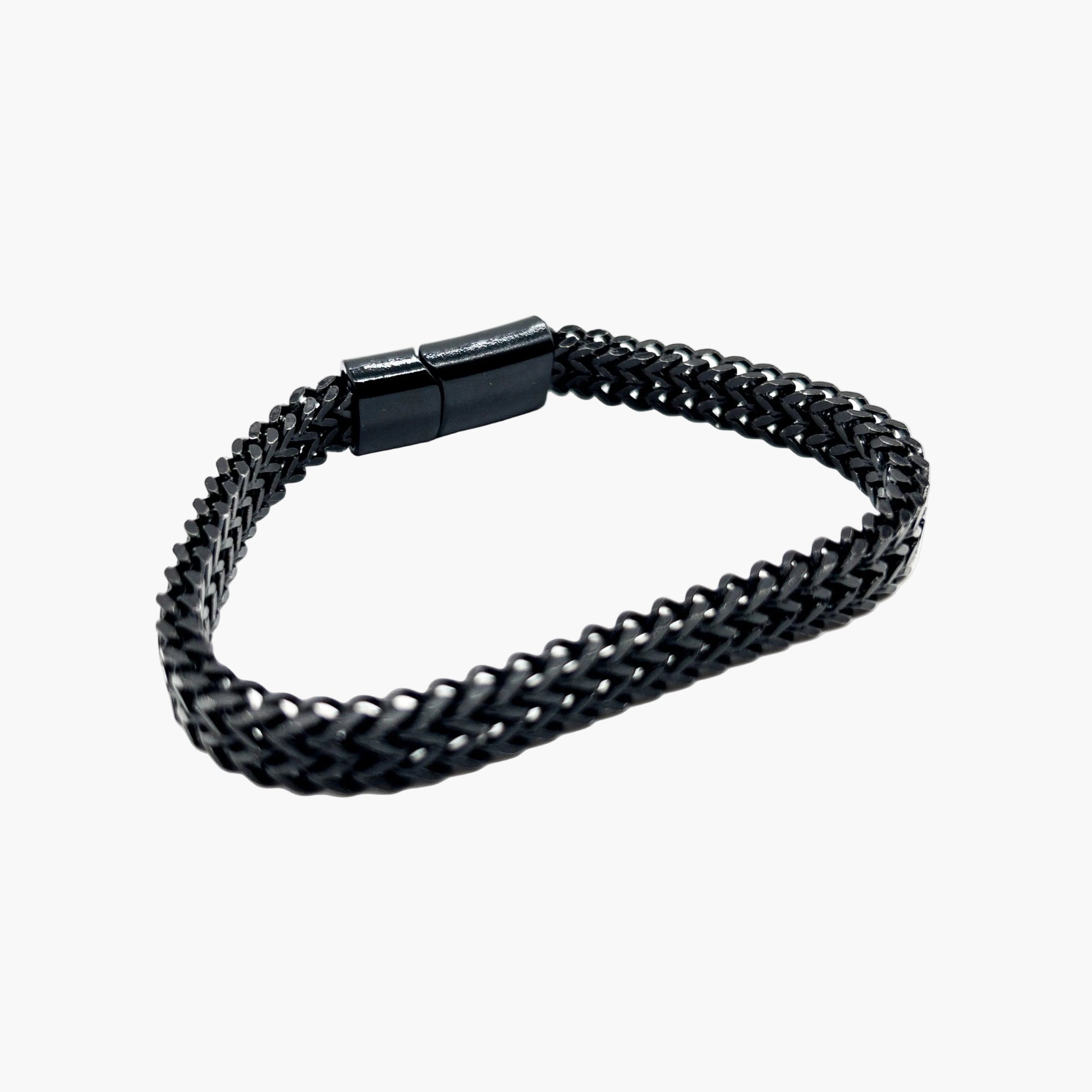 right angle view of Blacklinks black ceramic link bracelet smooth finish