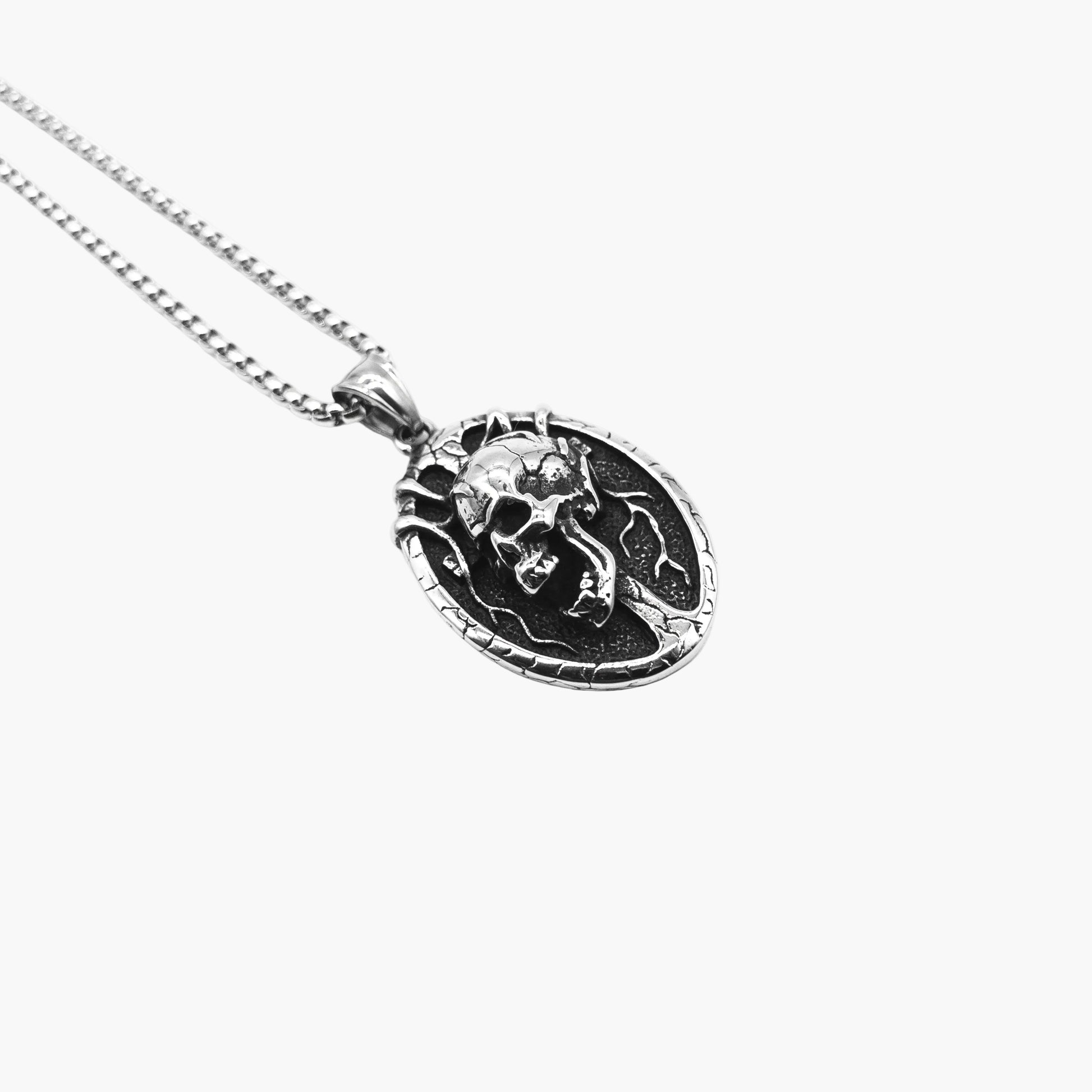 left angle view of Death Skull pendant in 316L stainless steel