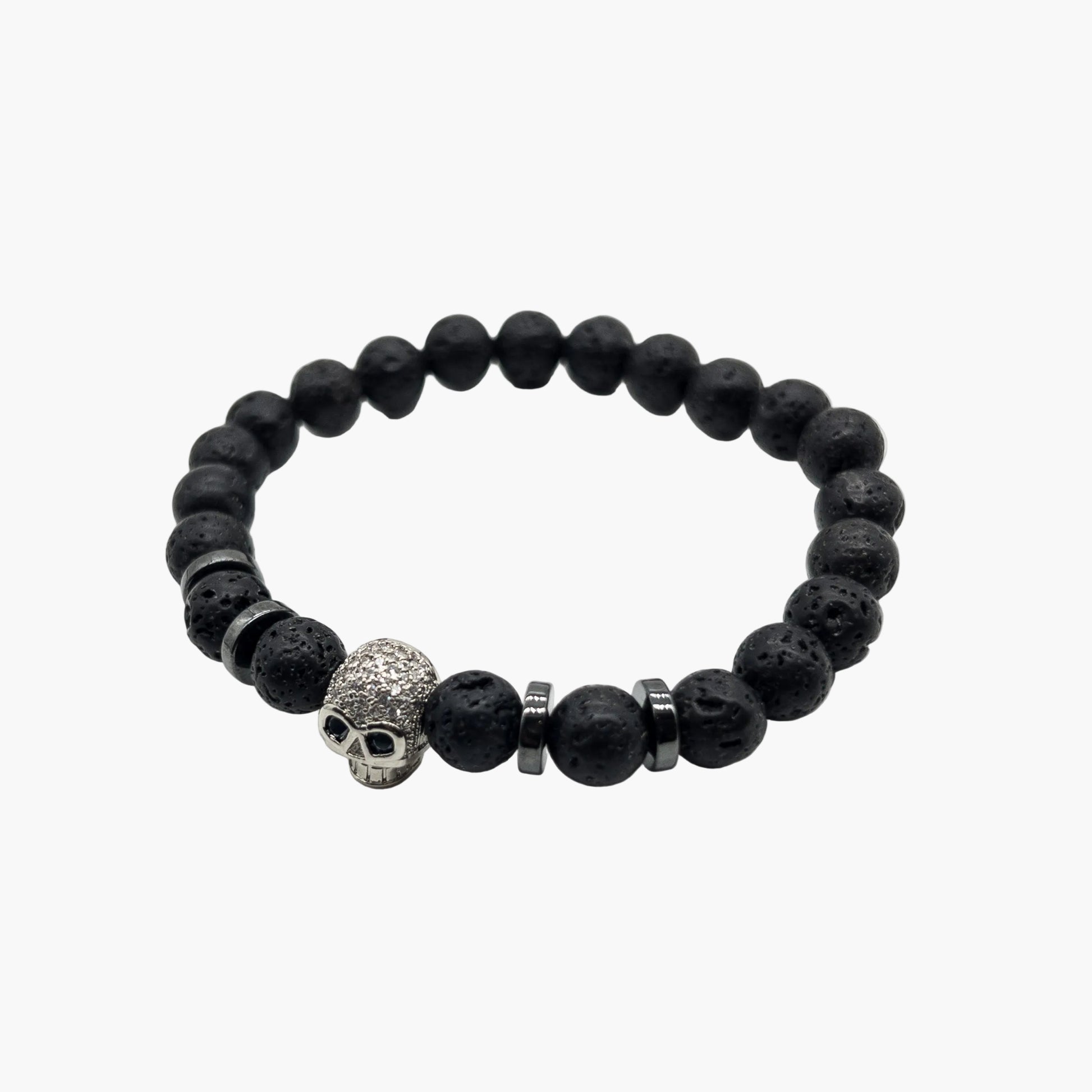 silver finished skull link detail on Deathskull lava stone bracelet