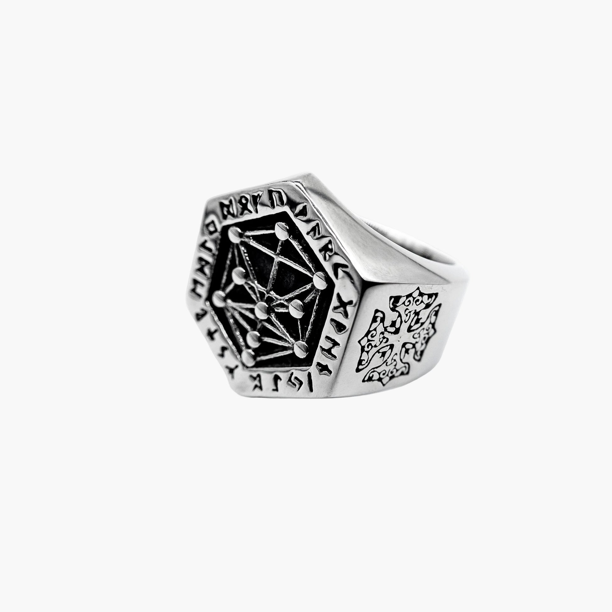 angled view of Decoded Norse rune etched ring