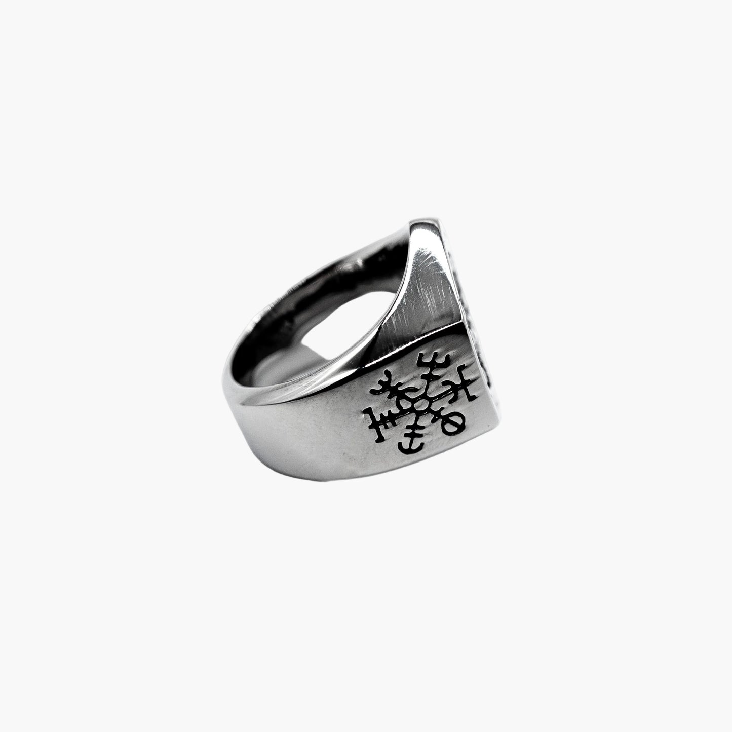 Decoded Norse rune stainless steel ring side shot.