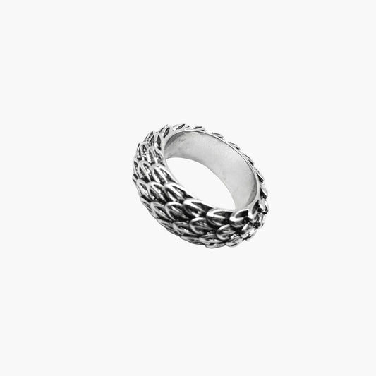 left angle view of Dreki dragon scale ring in 316L stainless steel