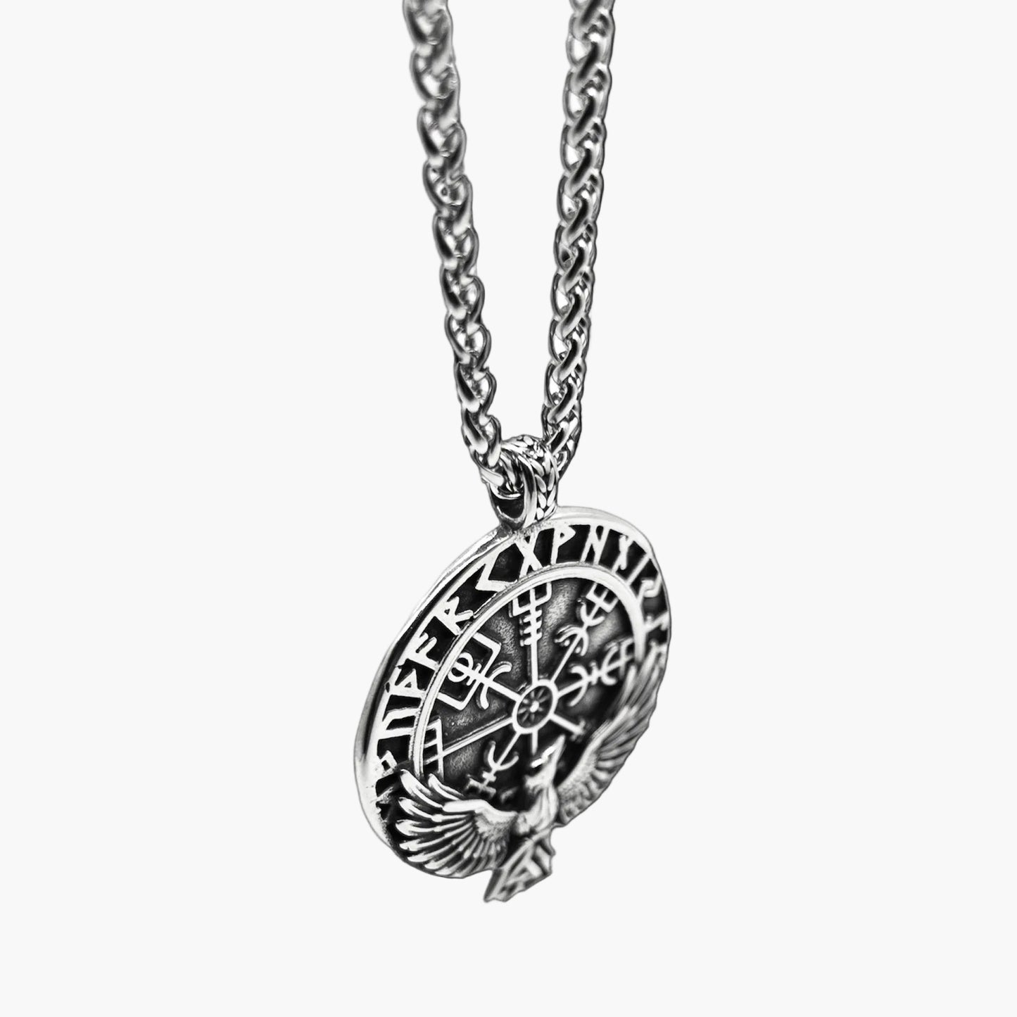 left angle view of Eagle of God pendant in 316L stainless steel