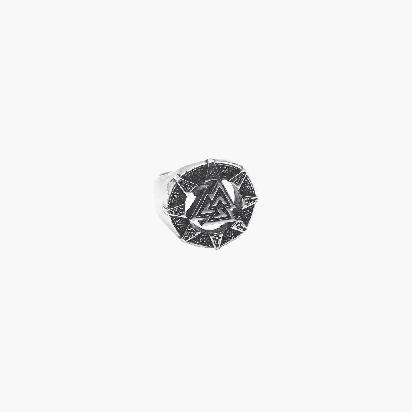 right angle view of Eternal Valknut ring in 316L stainless steel