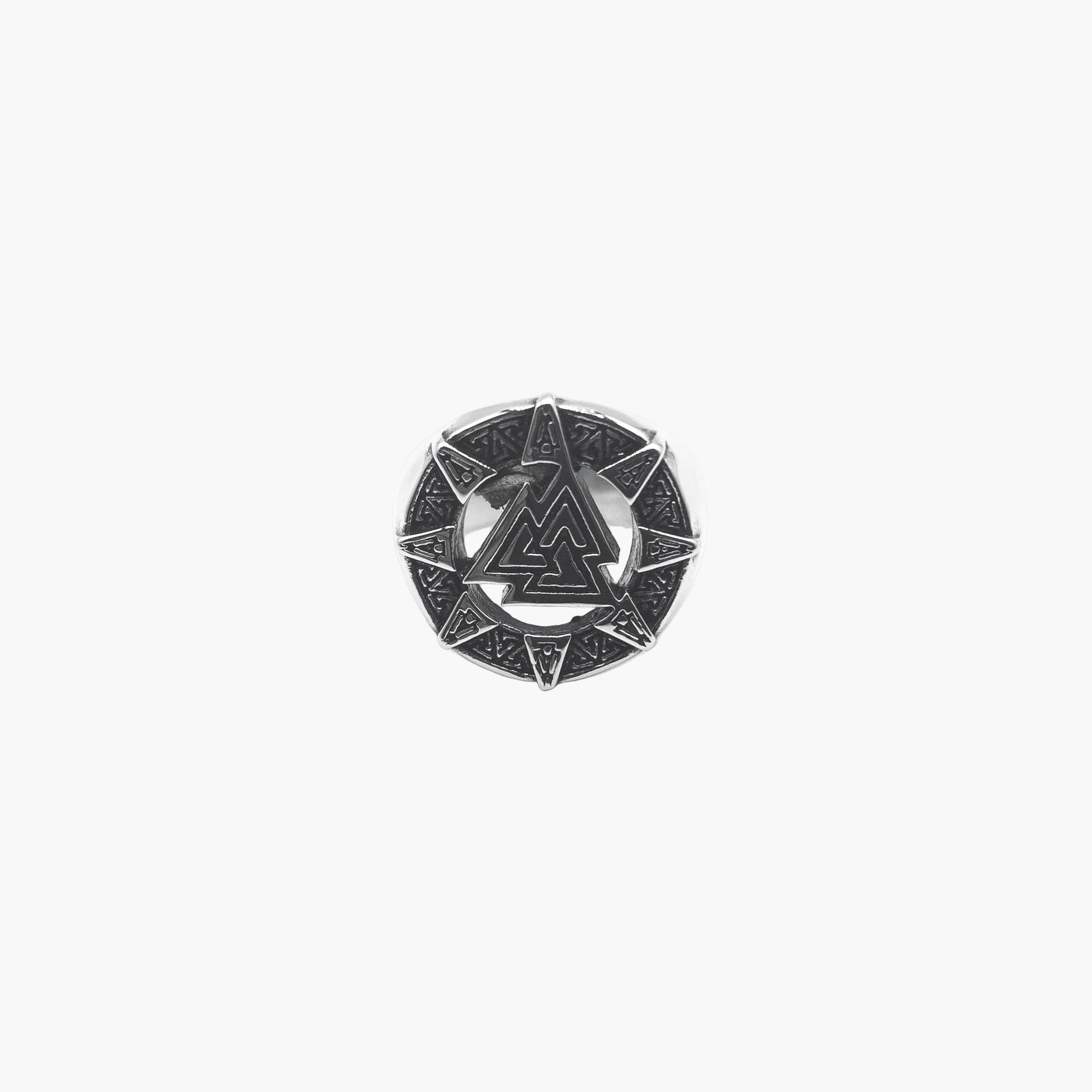 precision-engraved Valknut detail on face of Eternal stainless steel ring