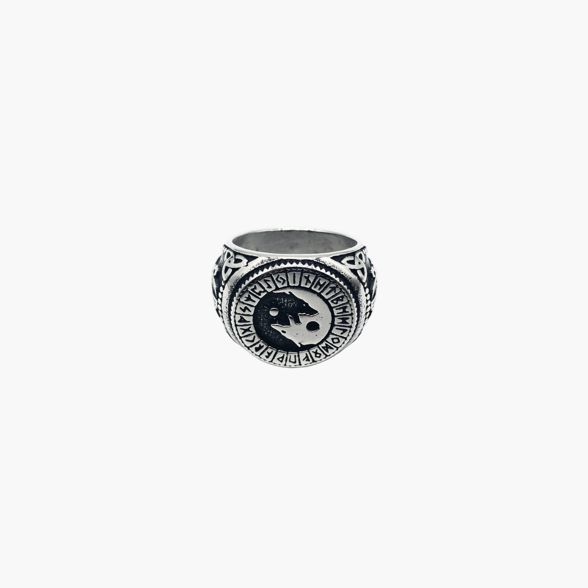 HOUSE OF ROK Fenrirs Bane Wolf and Rune Stainless Steel Norse Ring
