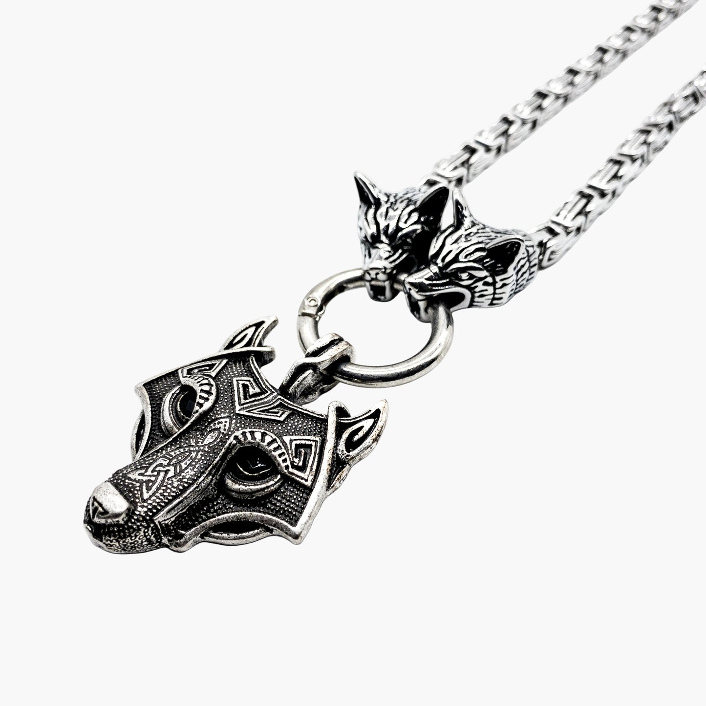 left angle view of Fenrirs Chain wolf pendant and chain detail