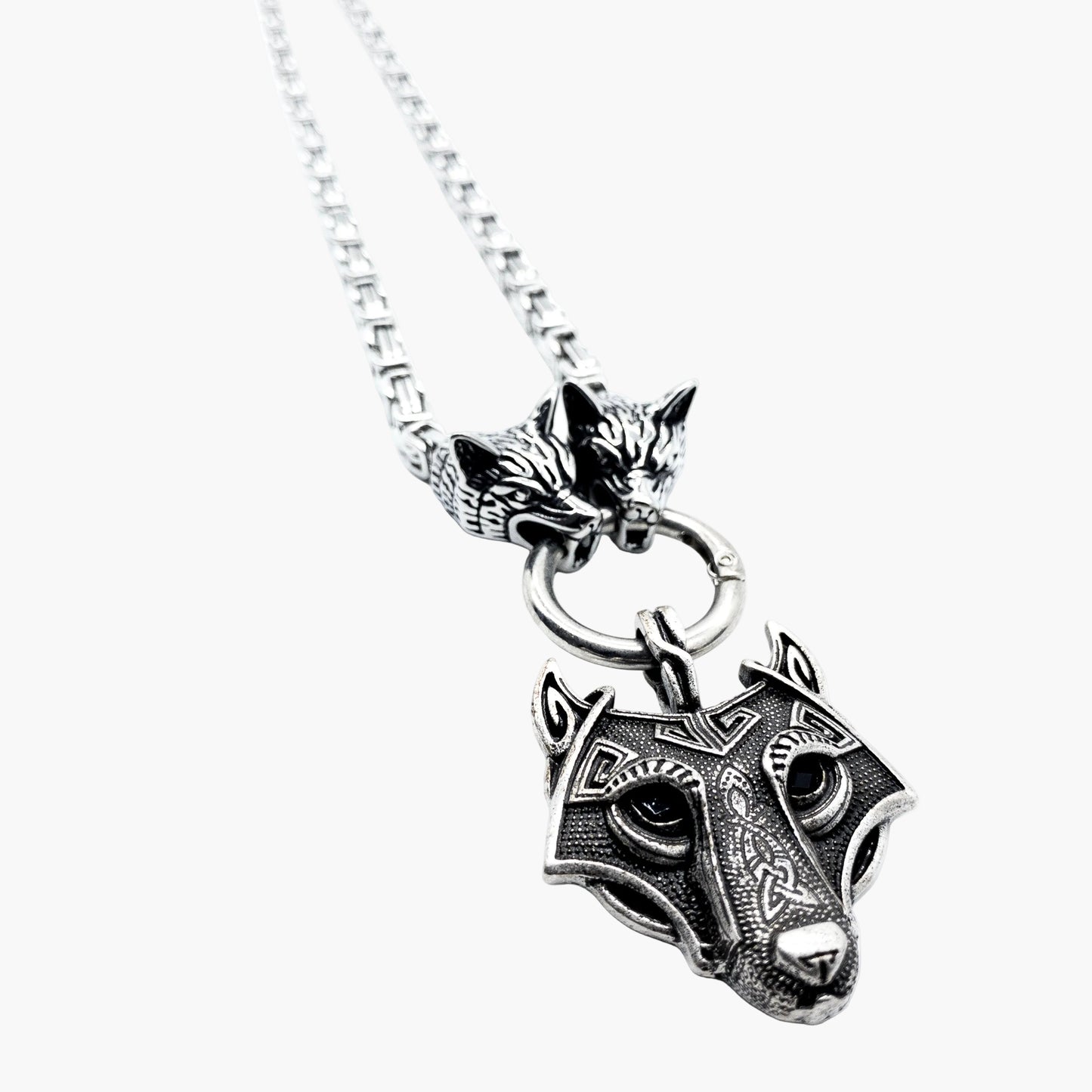 right angle view of Fenrirs Chain Norse wolf stainless steel necklace