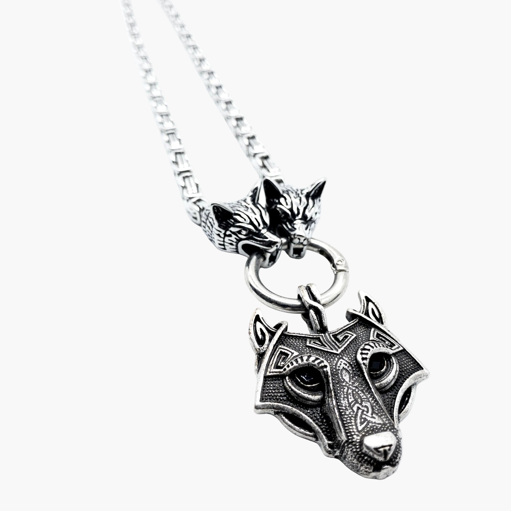 right angle view of Fenrirs Chain Norse wolf stainless steel necklace