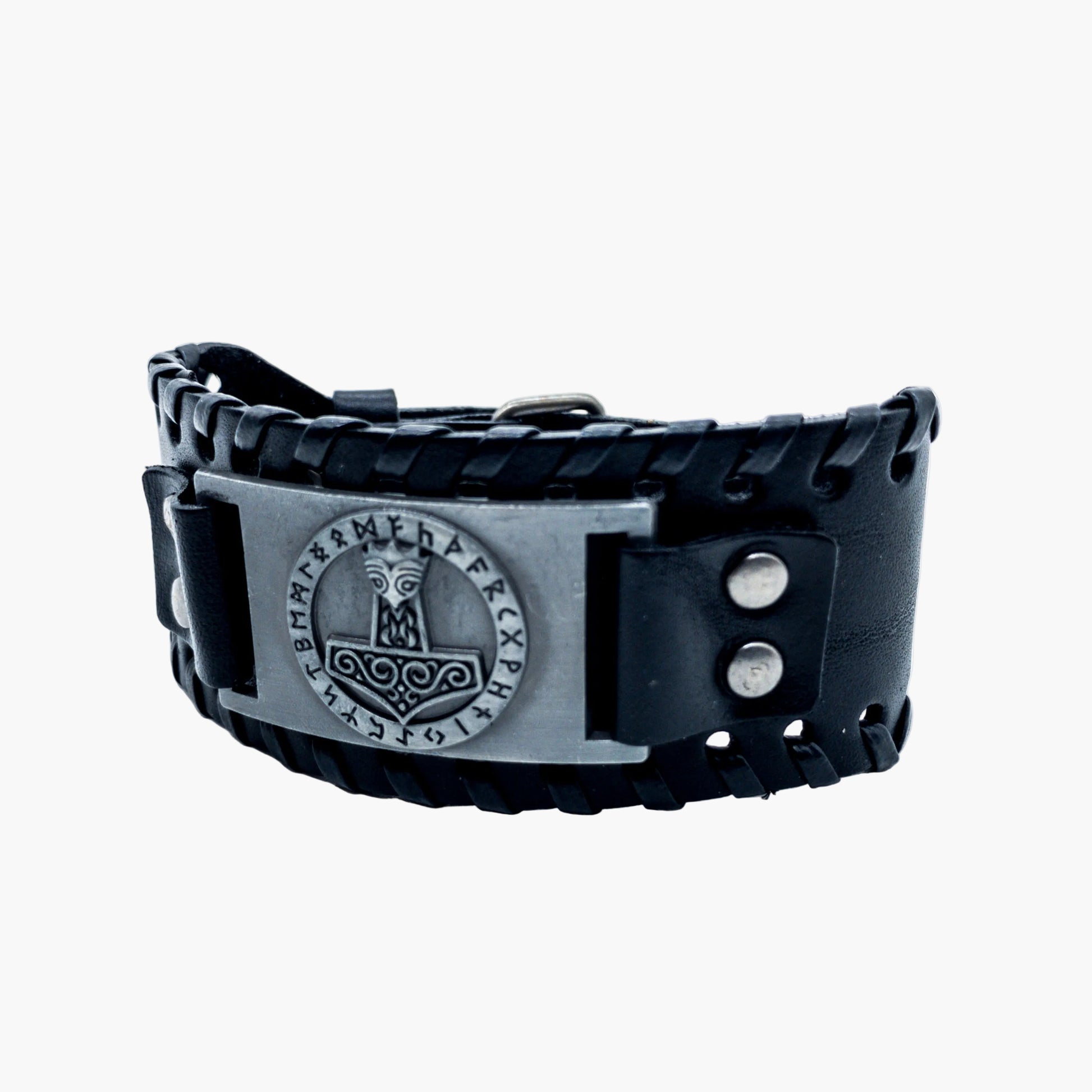 left side view of Hammer Wrist Cuff showing leather and metalwork detail