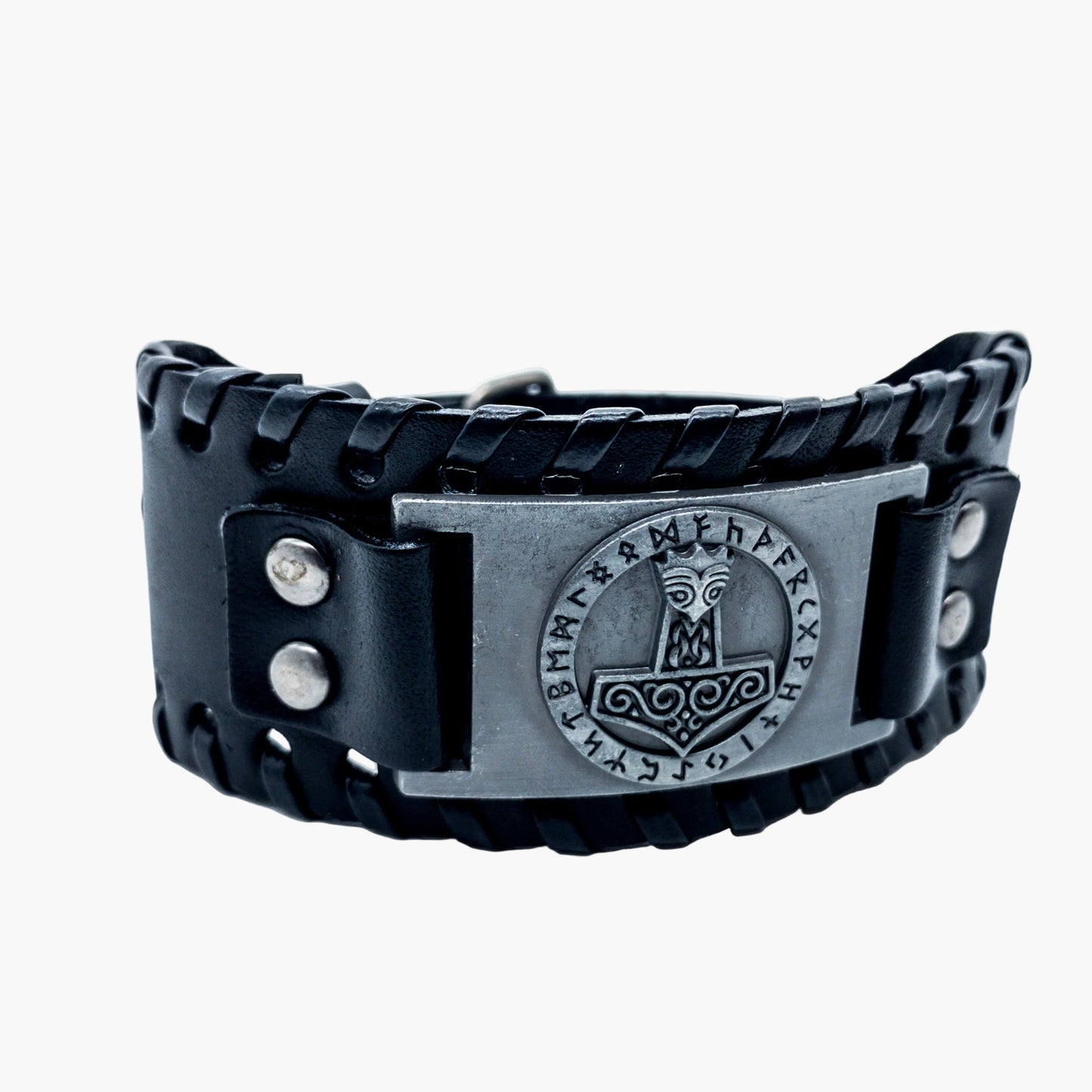 right side shot of Hammer Wrist Cuff showing leather and metalwork detail