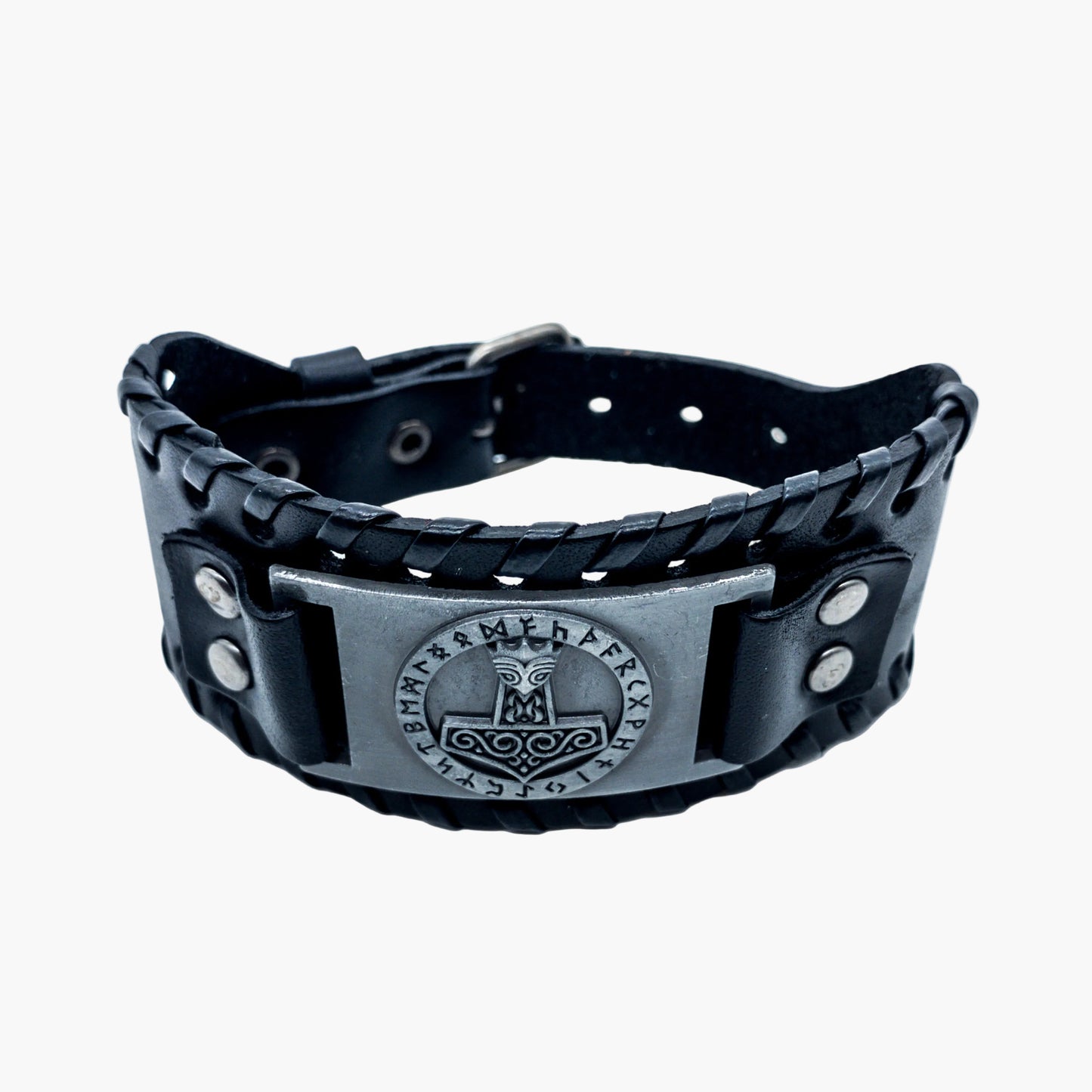 top down view of Hammer Wrist Cuff showing leather and metalwork detail