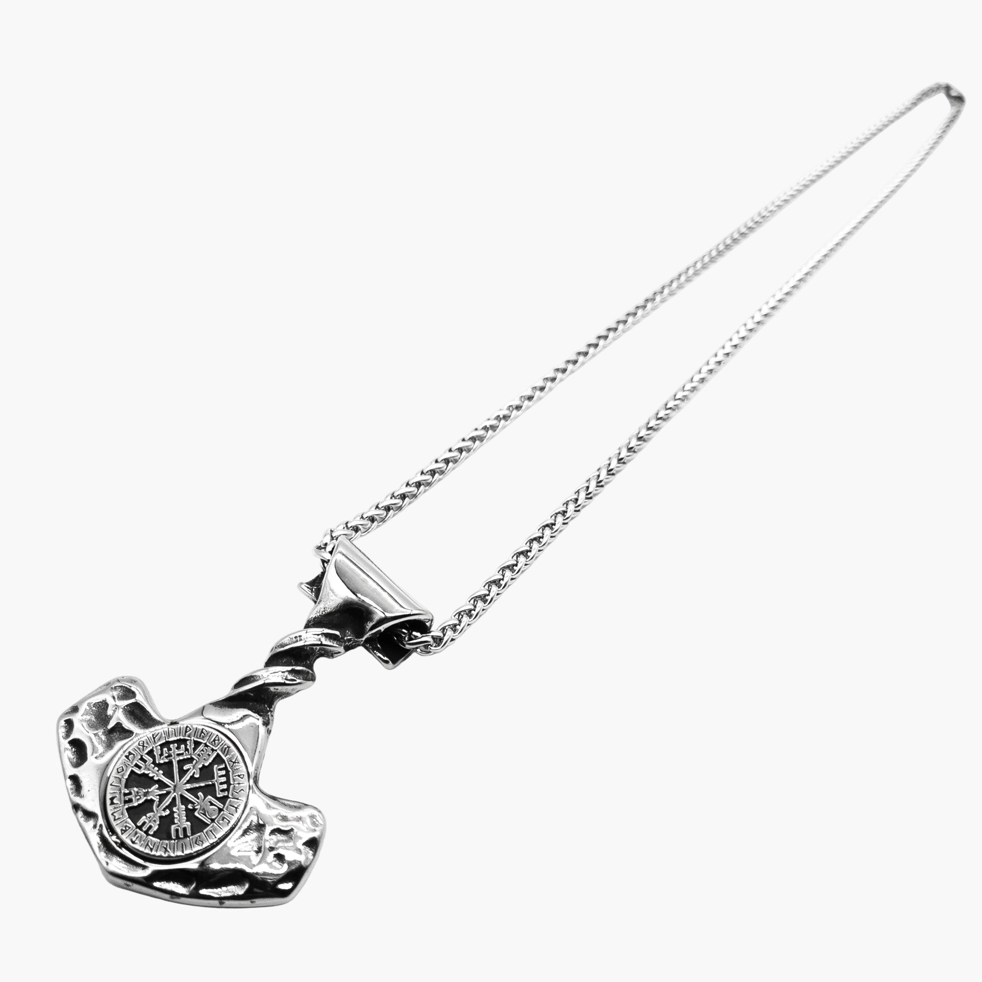 left angle view of Hammer of God Mjolnir pendant with detachable chain