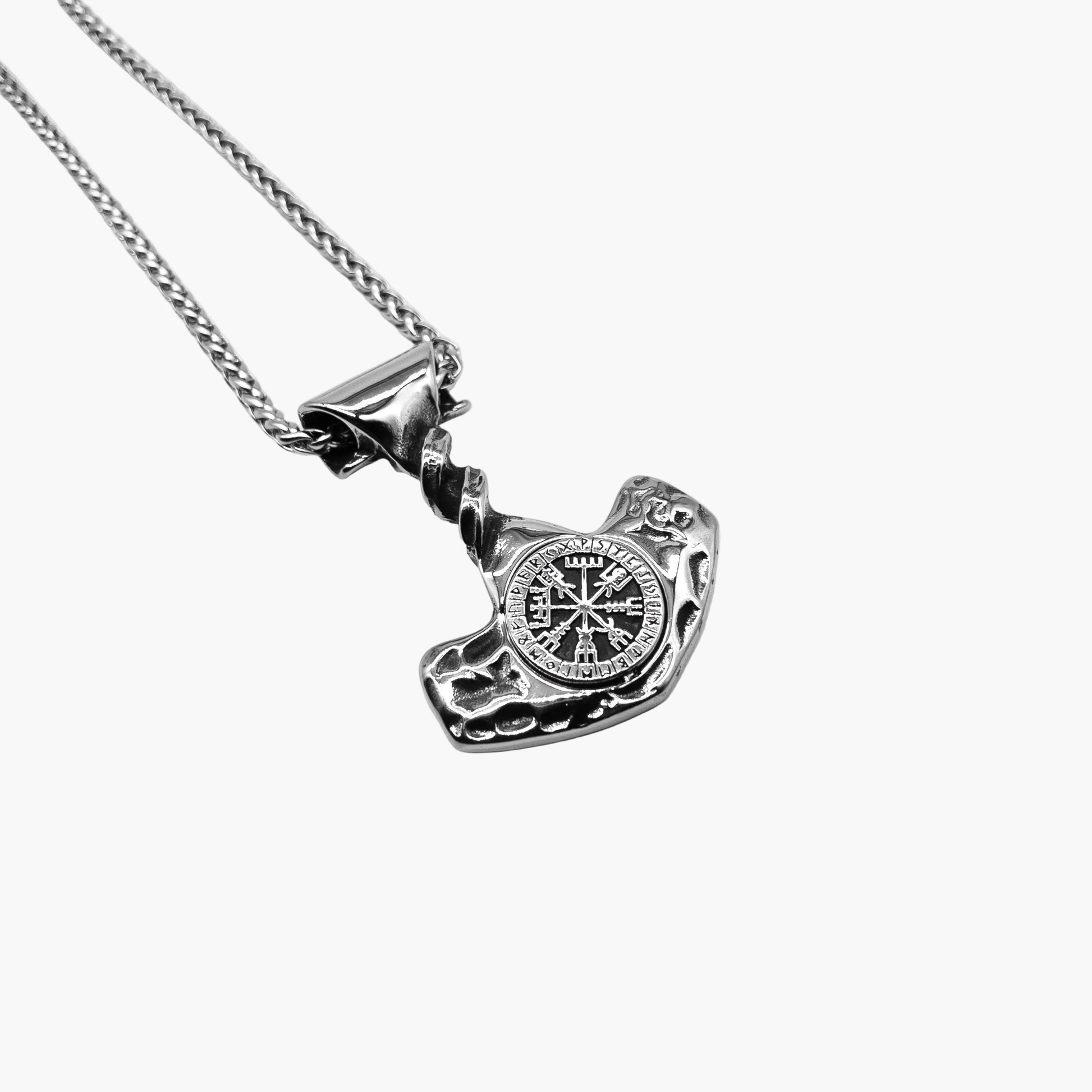 right angle view of Hammer of God Mjolnir pendant with detachable chain
