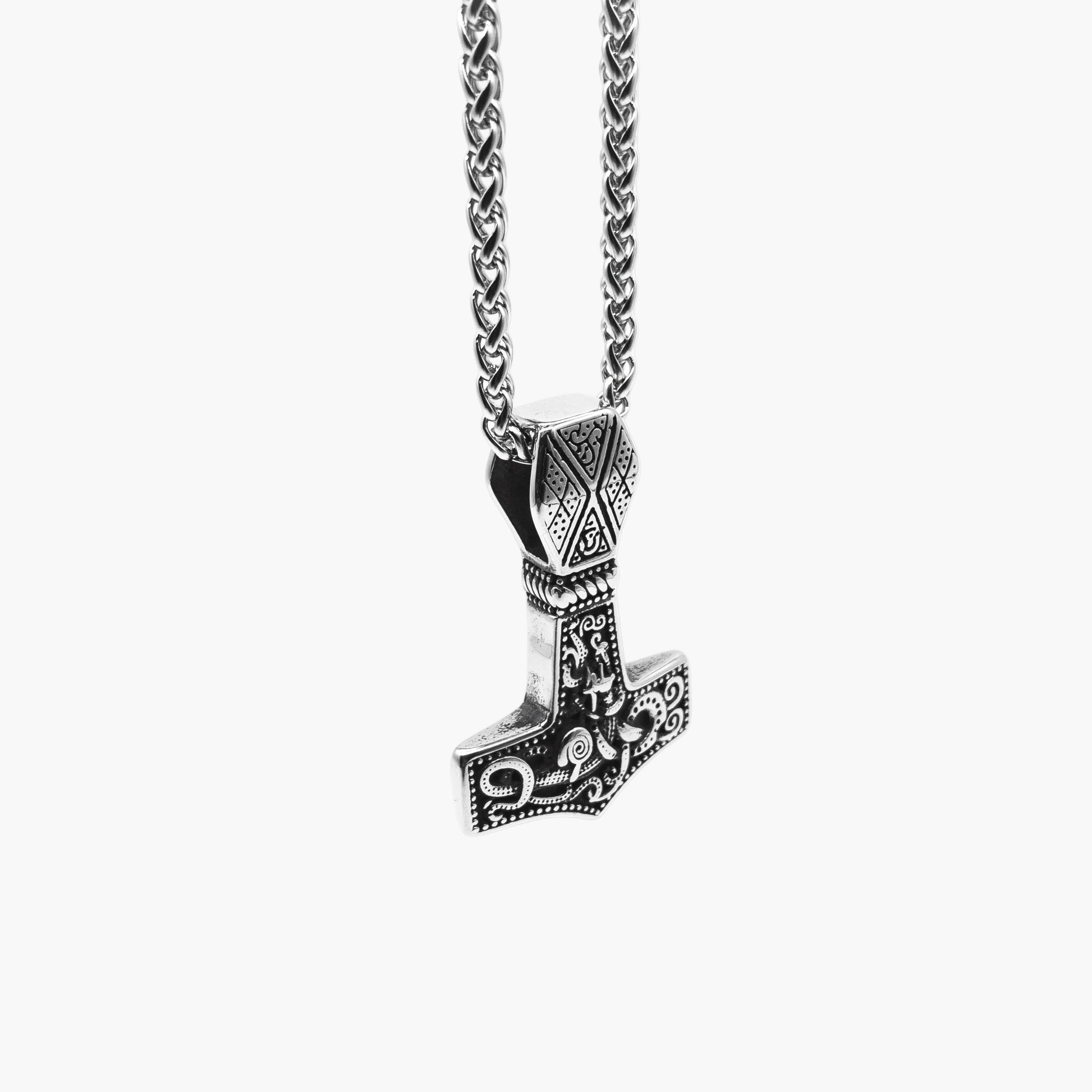 left angle view of Hammer of War Mjolnir pendant with detachable chain