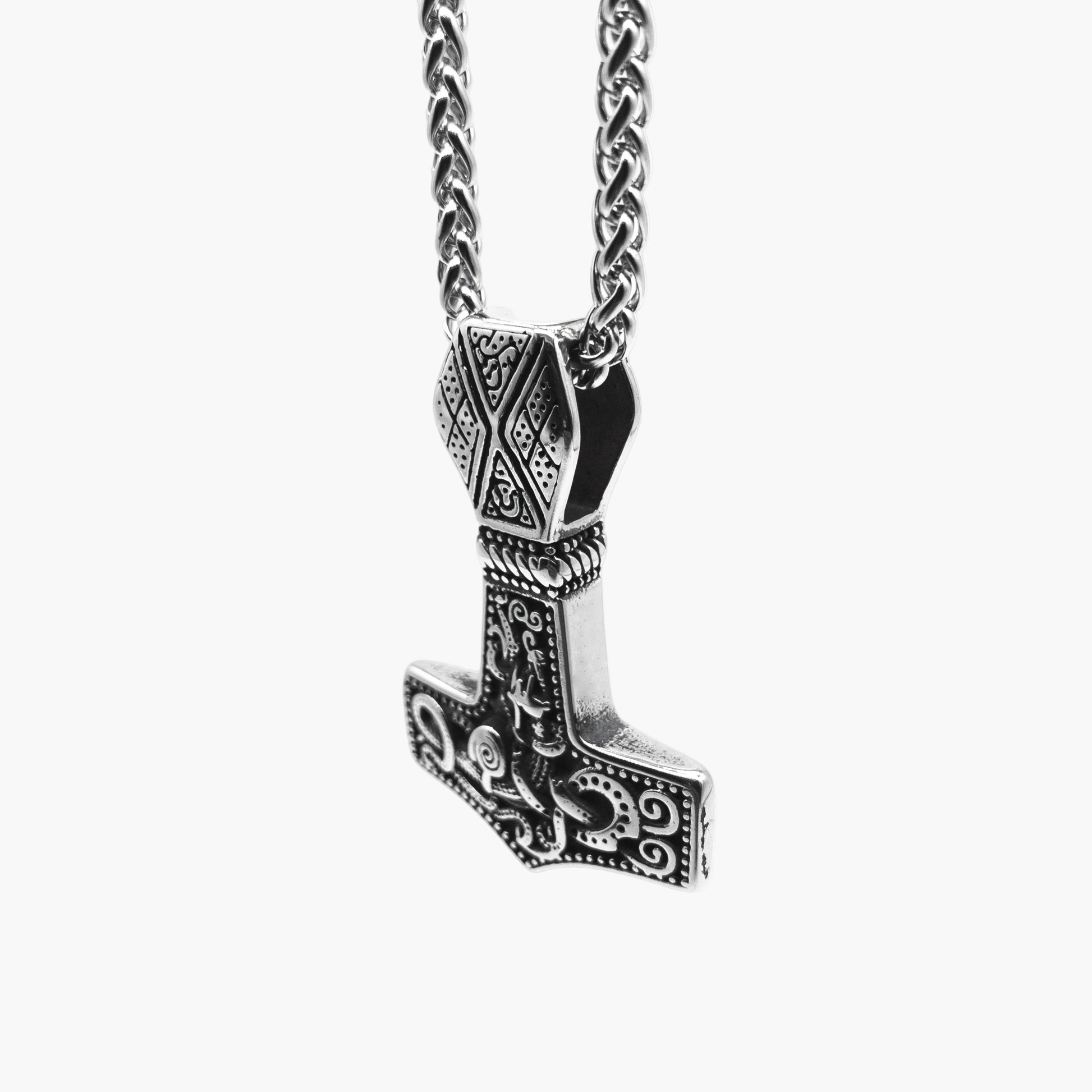 right angle view of Hammer of War Mjolnir pendant with detachable chain