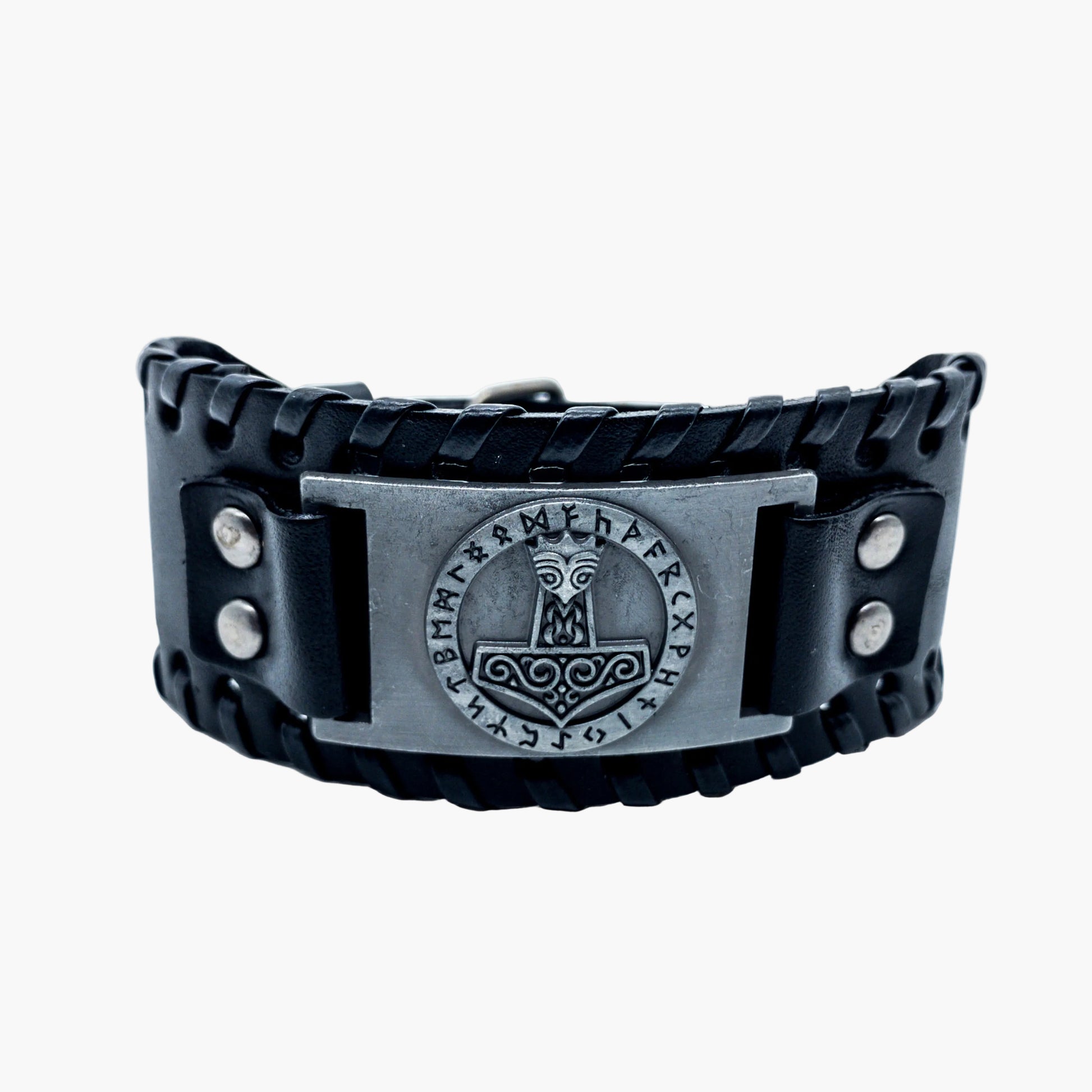 HOUSE OF ROK Hammer Wrist Cuff Hand Woven Leather With Mjolnir and Runes