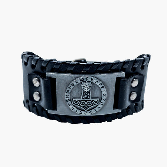 HOUSE OF ROK Hammer Wrist Cuff Hand Woven Leather With Mjolnir and Runes