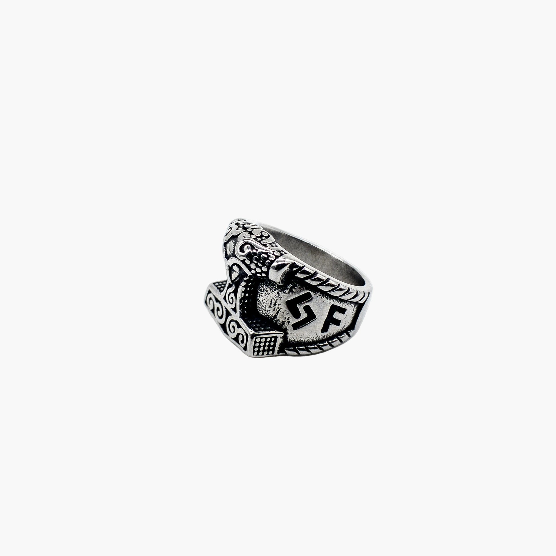 side view of Hammerside Norse ring showing band detail
