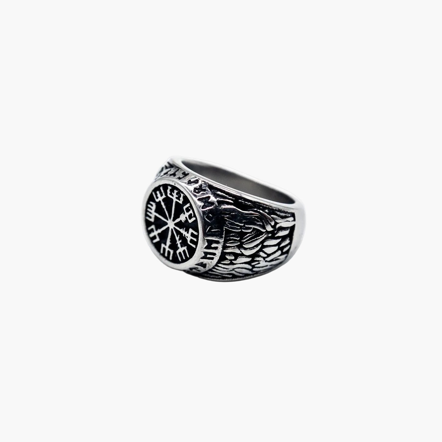 side view close up of Kompass stainless steel ring showing band detail