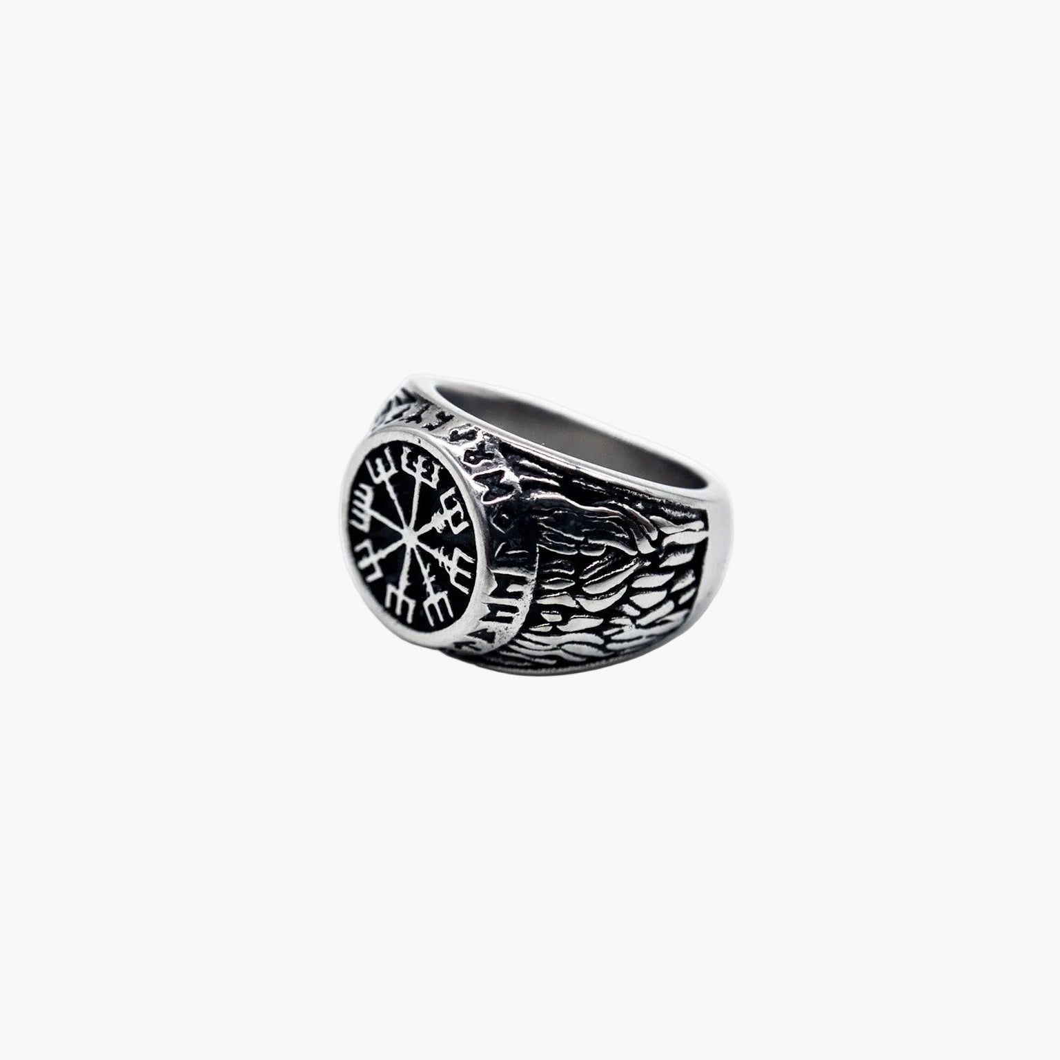 side view close up of Kompass stainless steel ring showing band detail