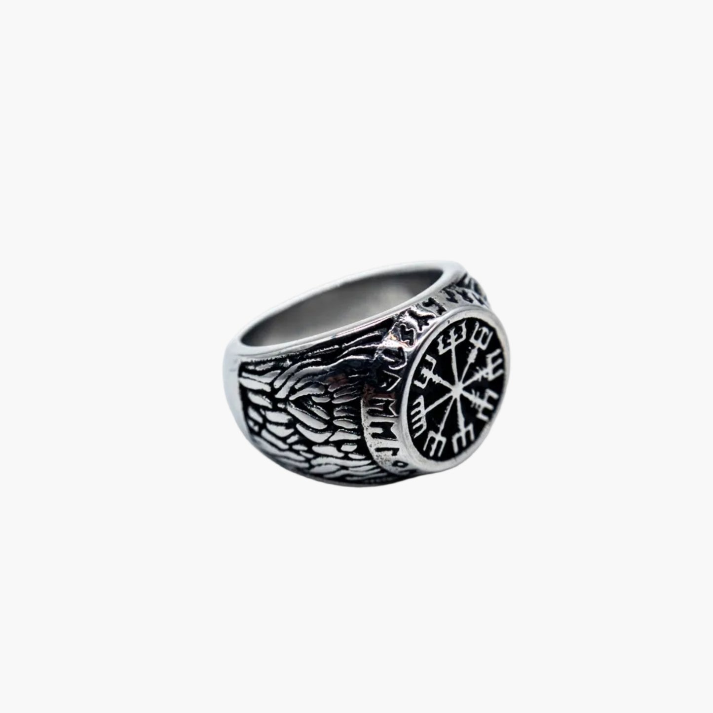 side view of Kompass stainless steel ring showing band detail