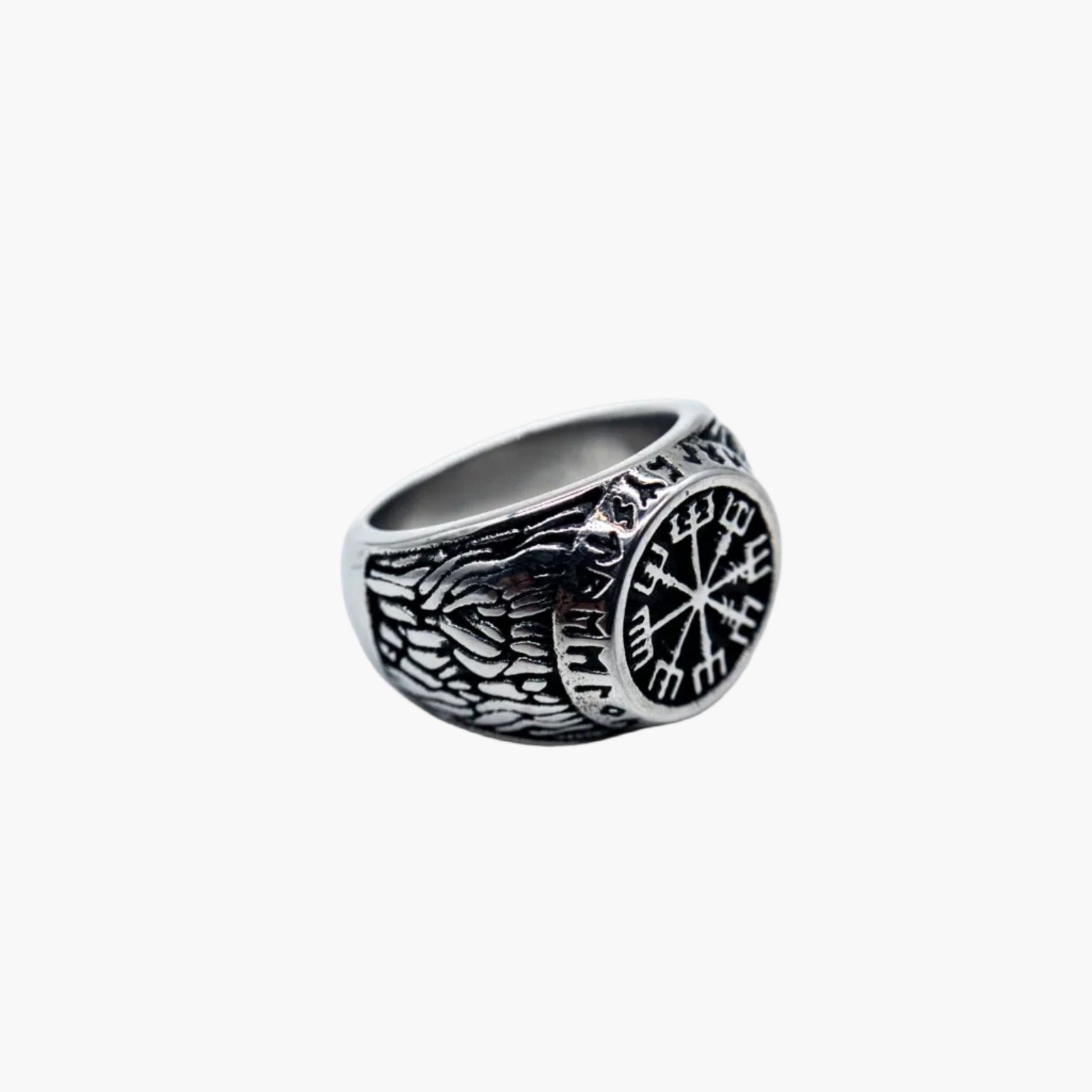 side view of Kompass stainless steel ring showing band detail