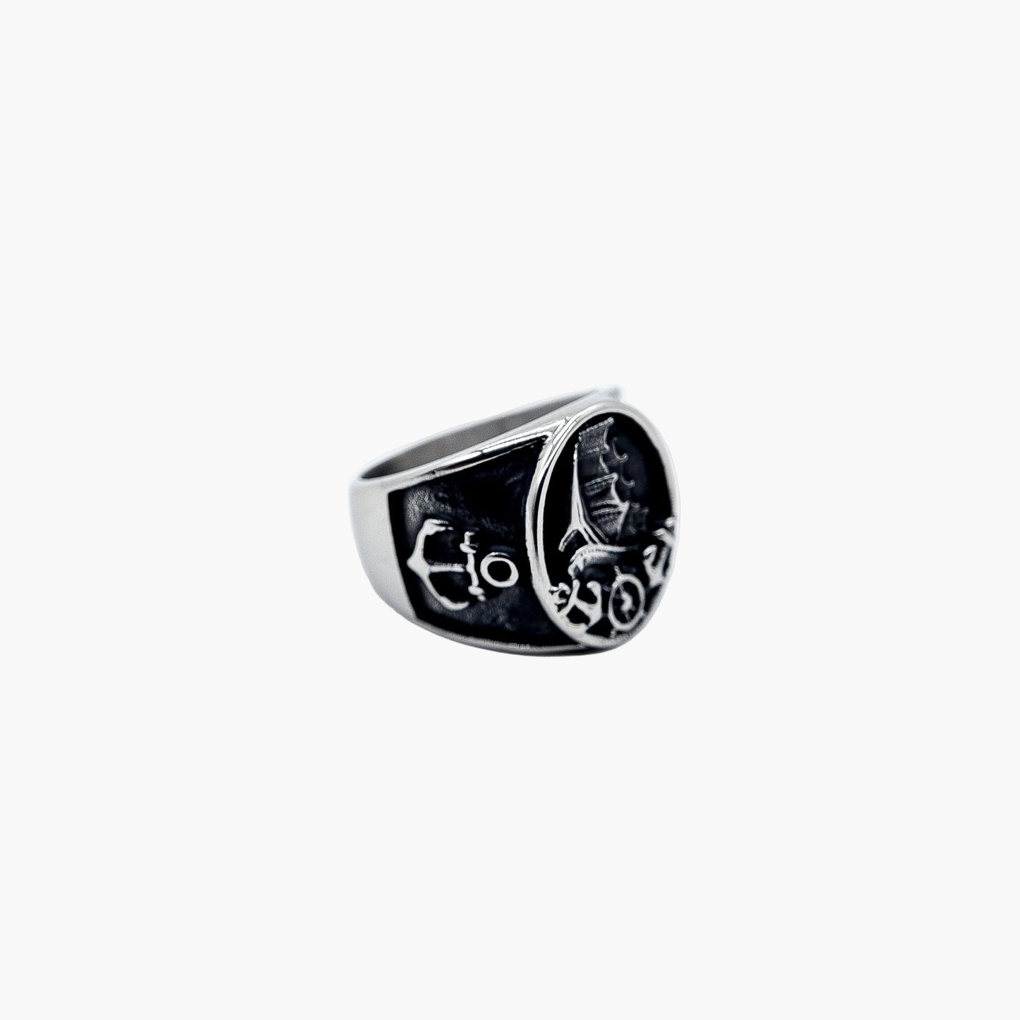 angled view of Langskepp Norse longship stainless steel ring