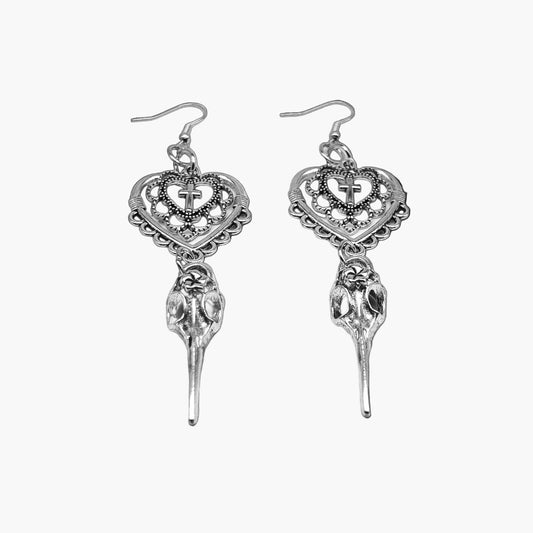 Silver-finished Love Heart Ravens earrings by HOUSE OF ROK featuring raven head motifs and heart-detailed cross design.