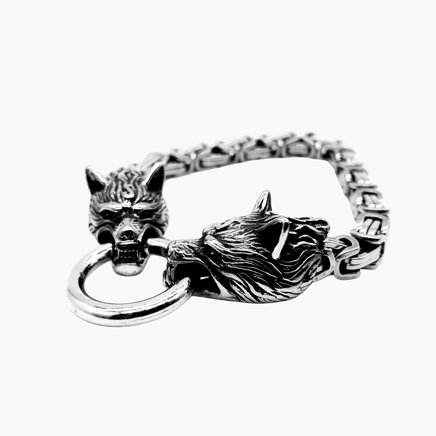 angled view of Metallic Wolf Norse stainless steel bracelet
