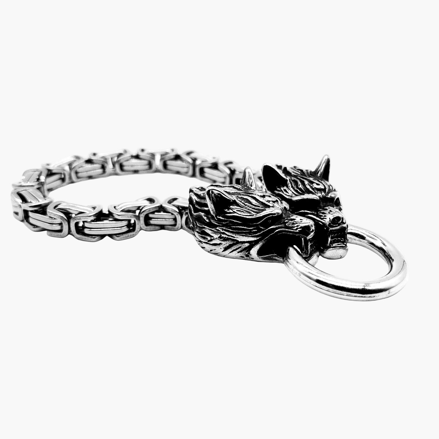 side shot view of Metallic Wolf Norse stainless steel bracelet