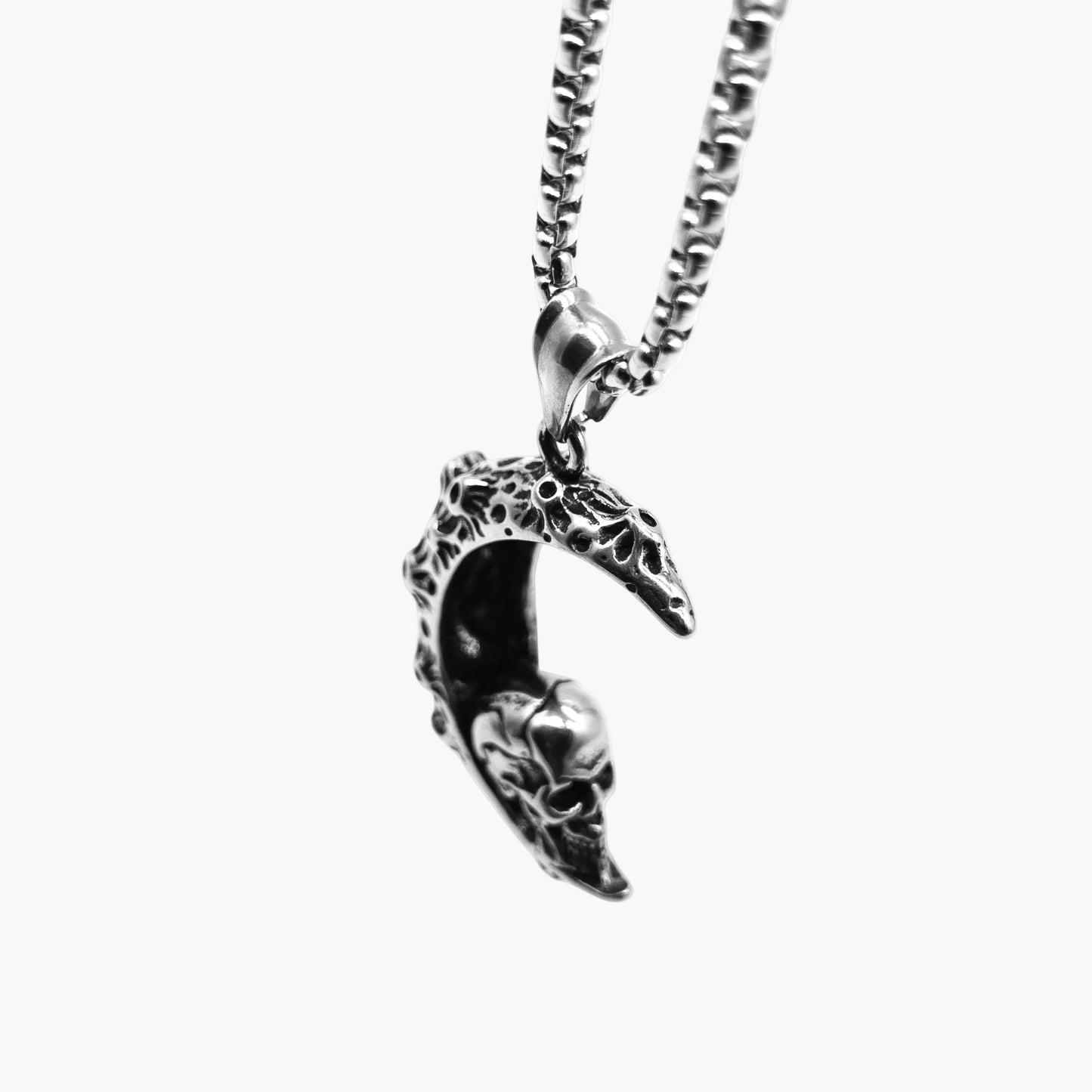 skull and moon detail on Moonskull stainless steel pendant