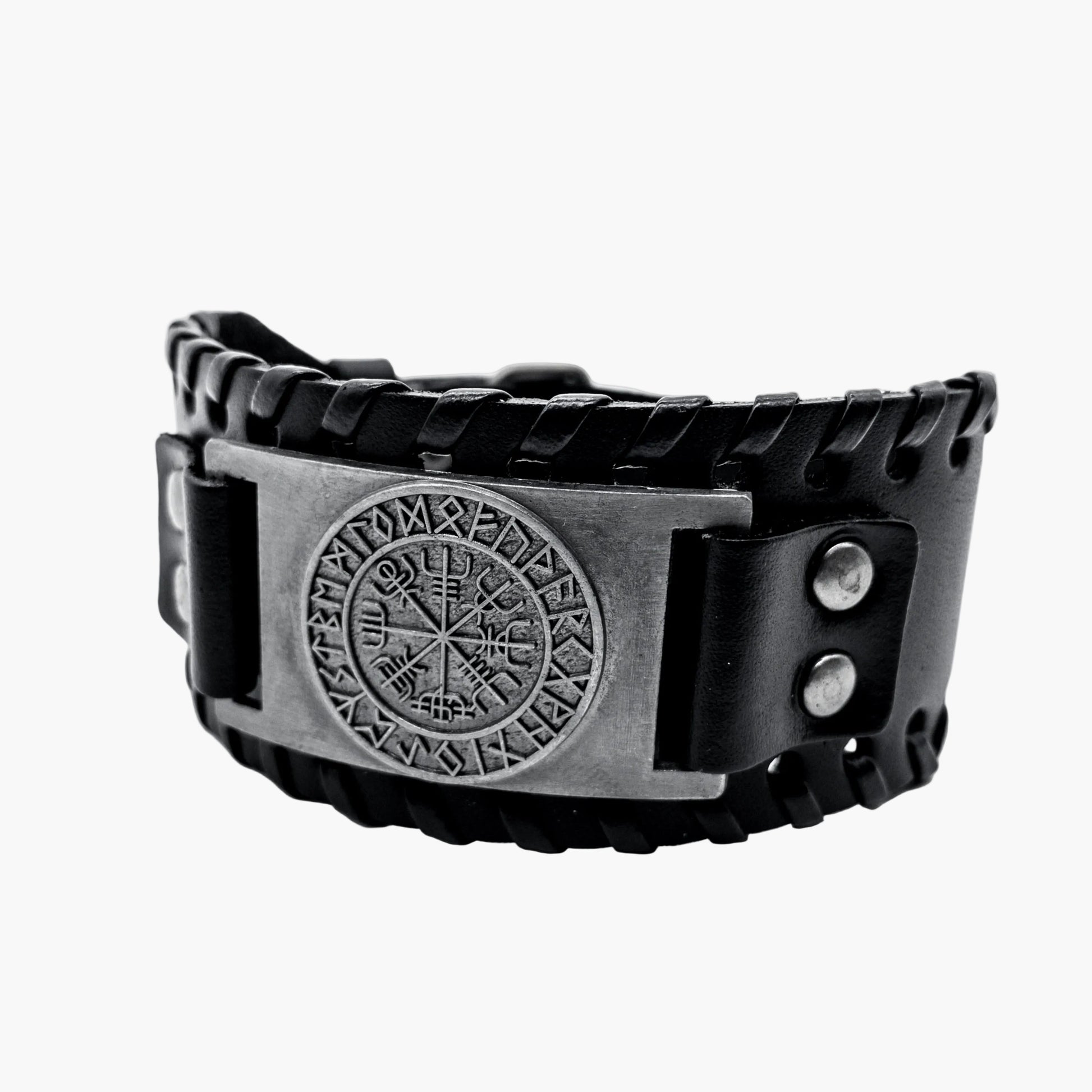 left side angled view of Nautical Wrist Cuff showing leather and metalwork