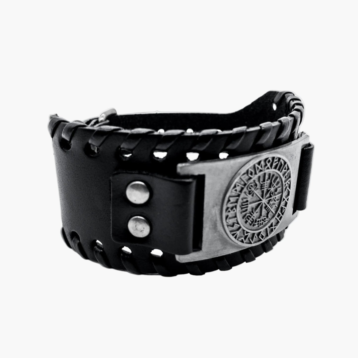 right angled view of Nautical Wrist Cuff showing leather and metalwork