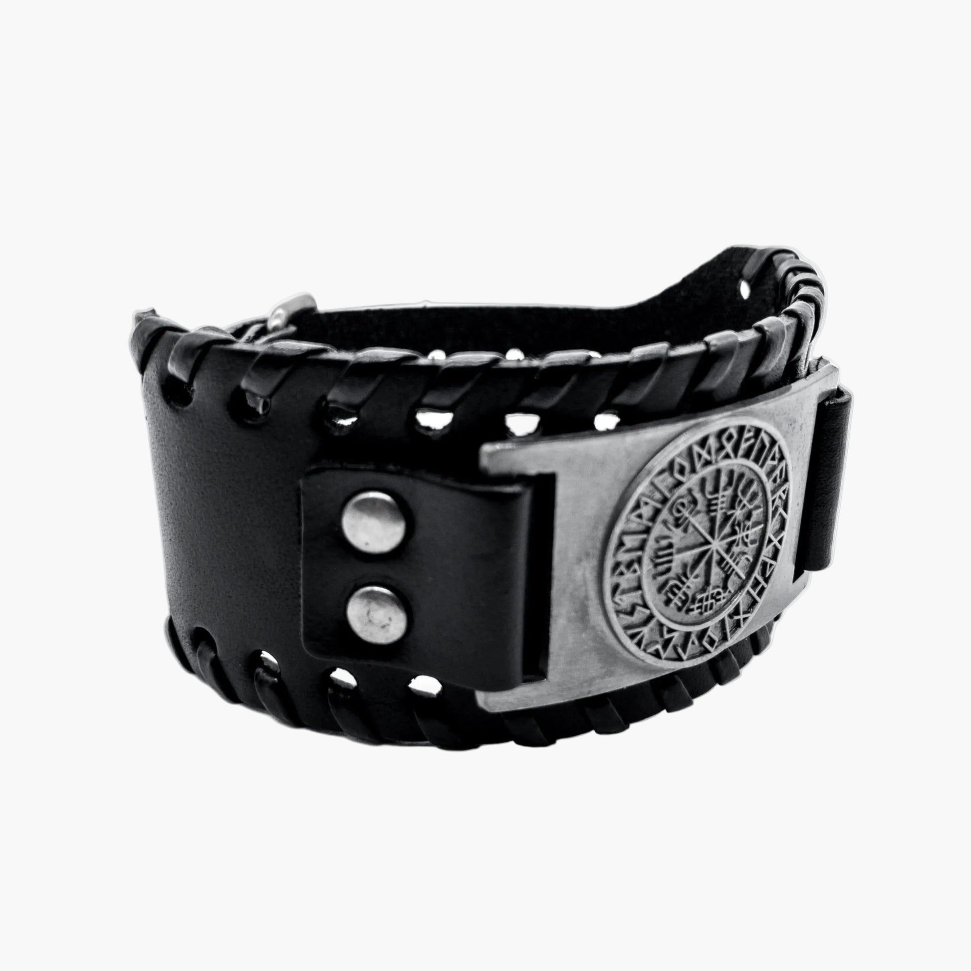 right angled view of Nautical Wrist Cuff showing leather and metalwork