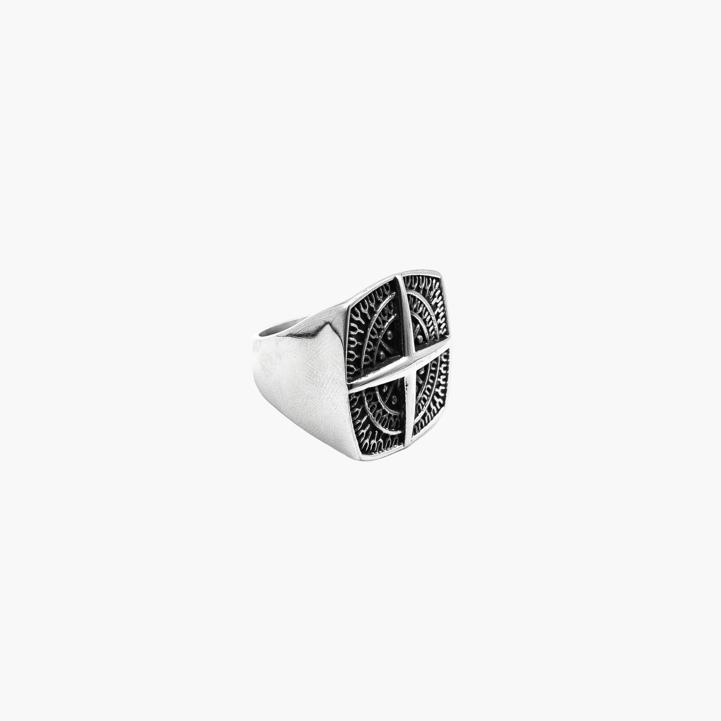 left angle view of Nomad ring in 316L stainless steel
