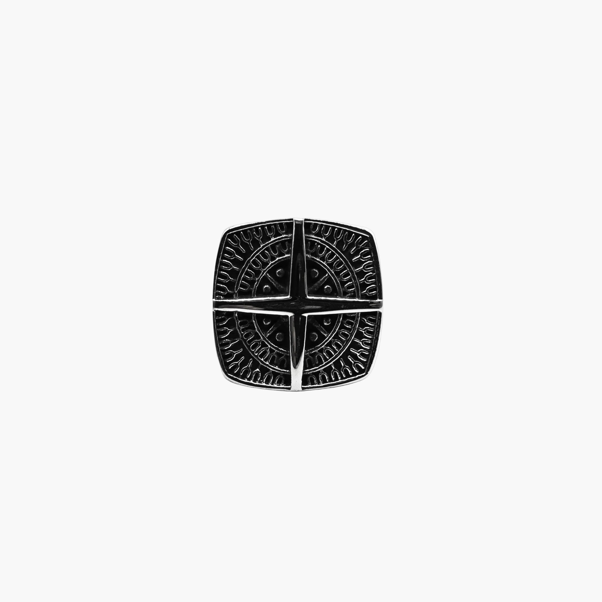 elevated cross detail on bezel of Nomad stainless steel ring
