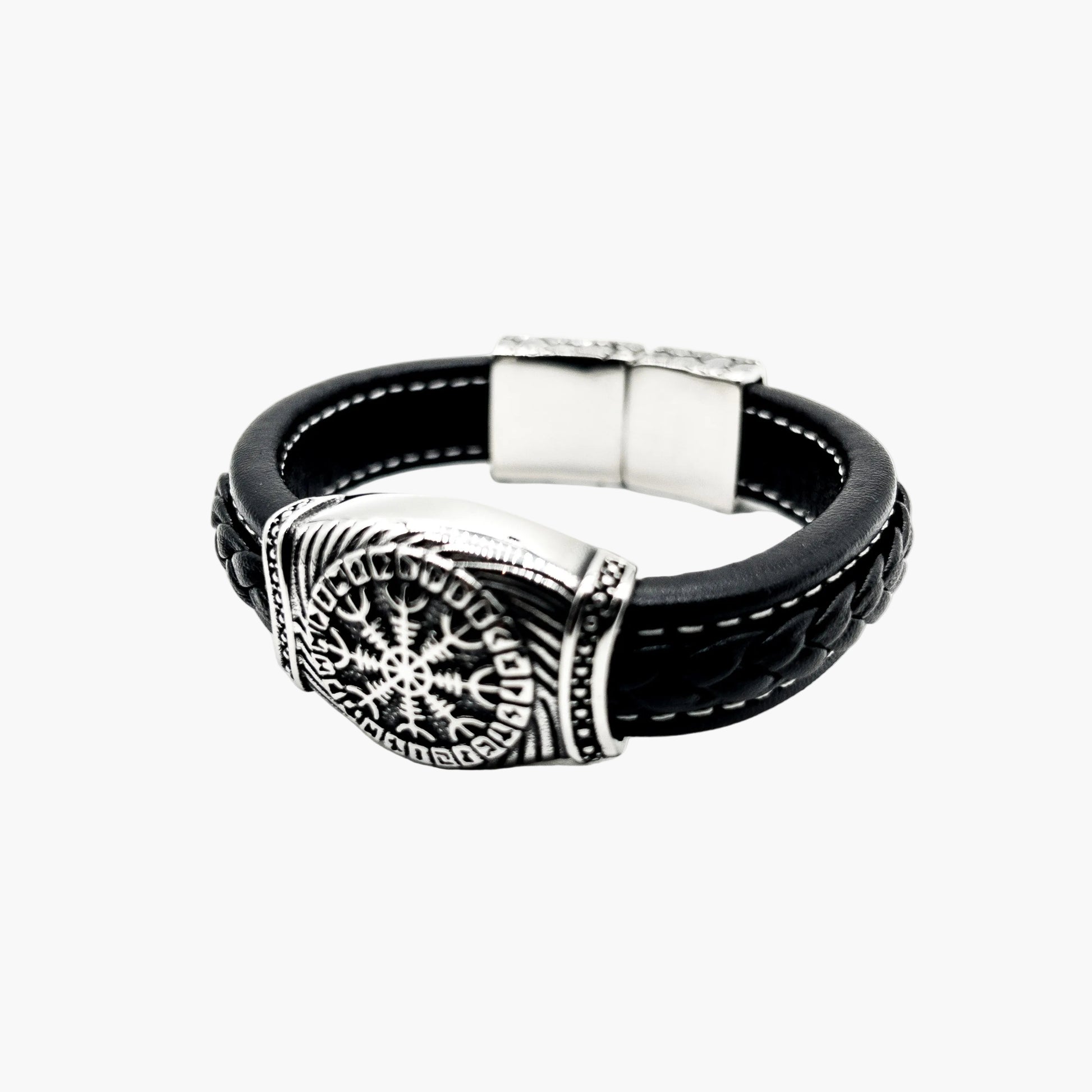 left angle view of Nomad Rover cuff showing Valknut clasp engraving