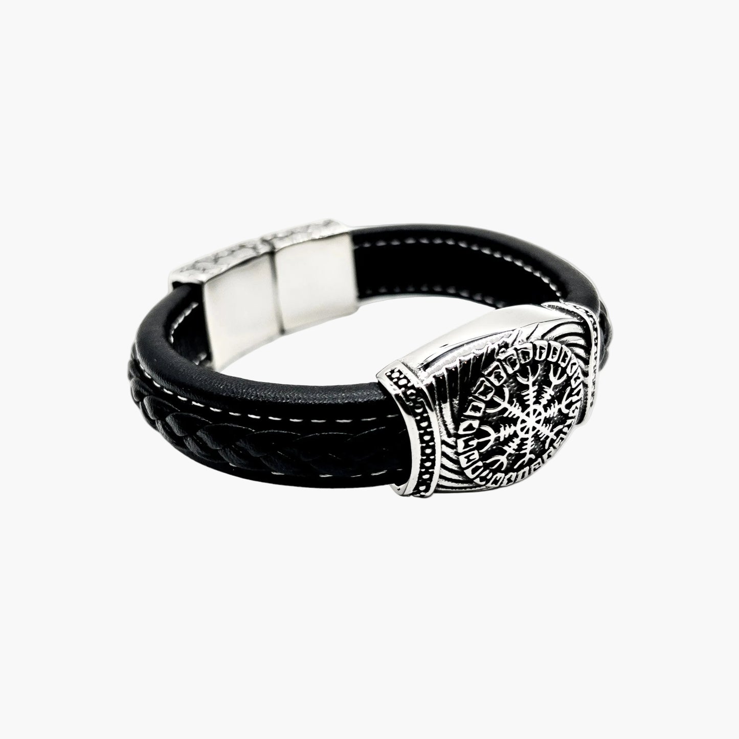 right angle view of Nomad Rover cuff showing Valknut clasp engraving