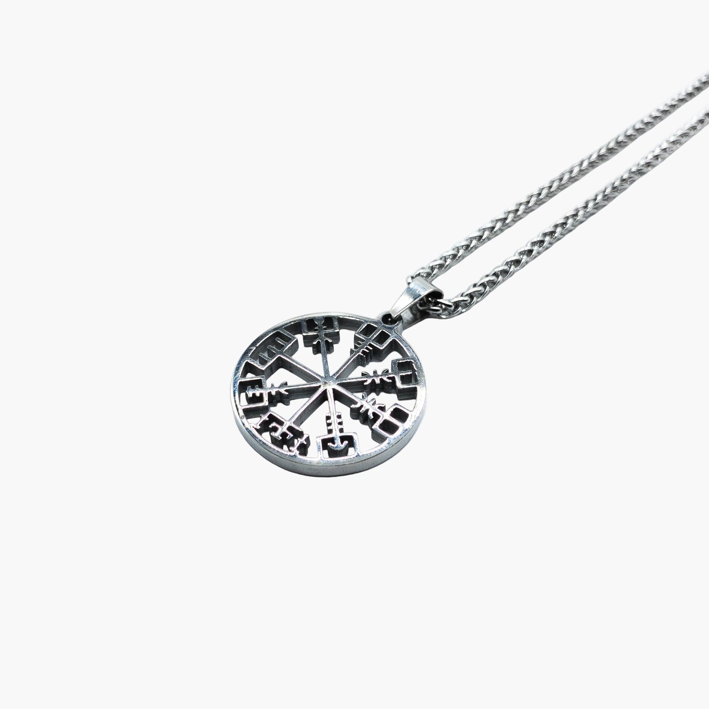 Vegvisir Norse compass pendant detail in stainless steel left side shot