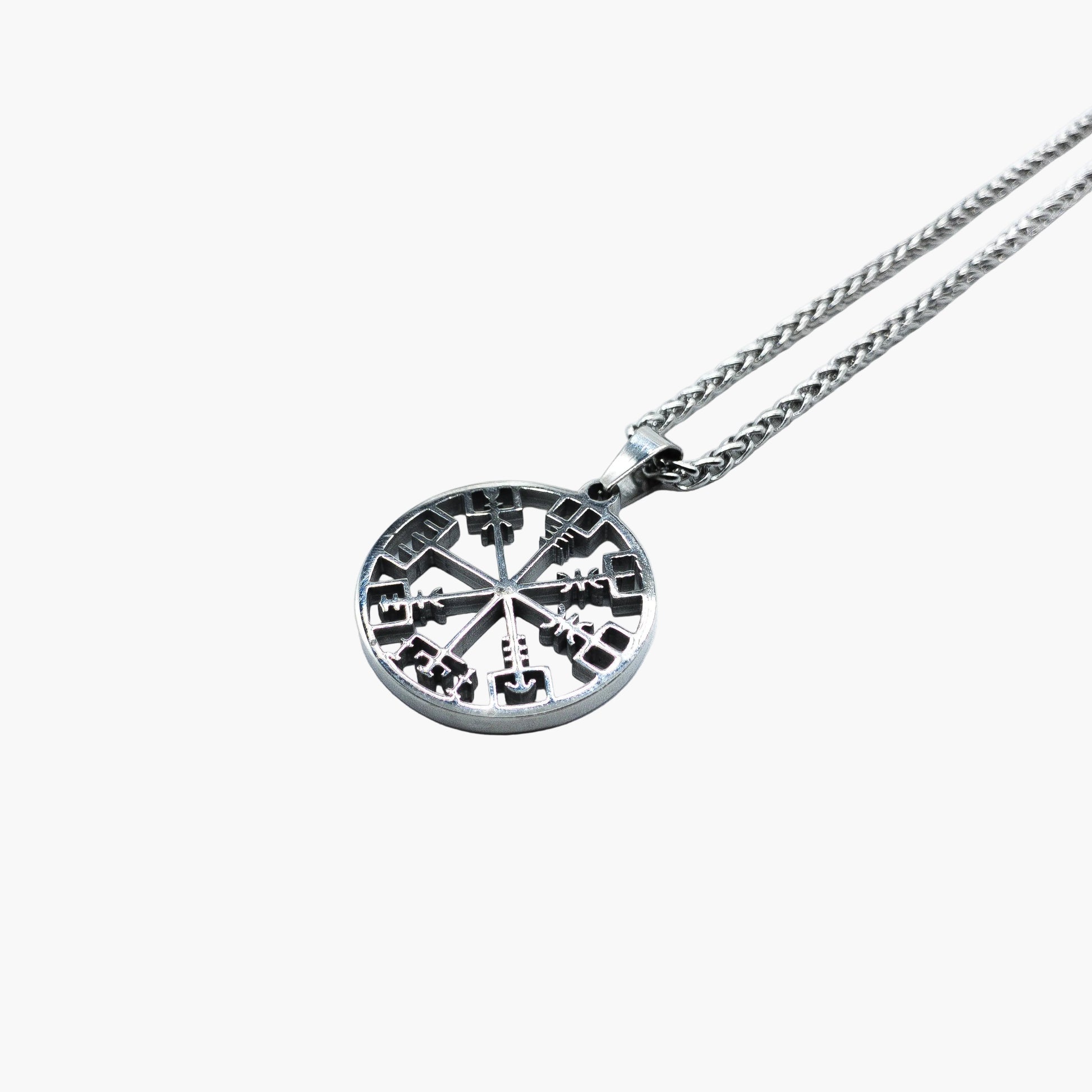 Vegvisir Norse compass pendant detail in stainless steel left side shot