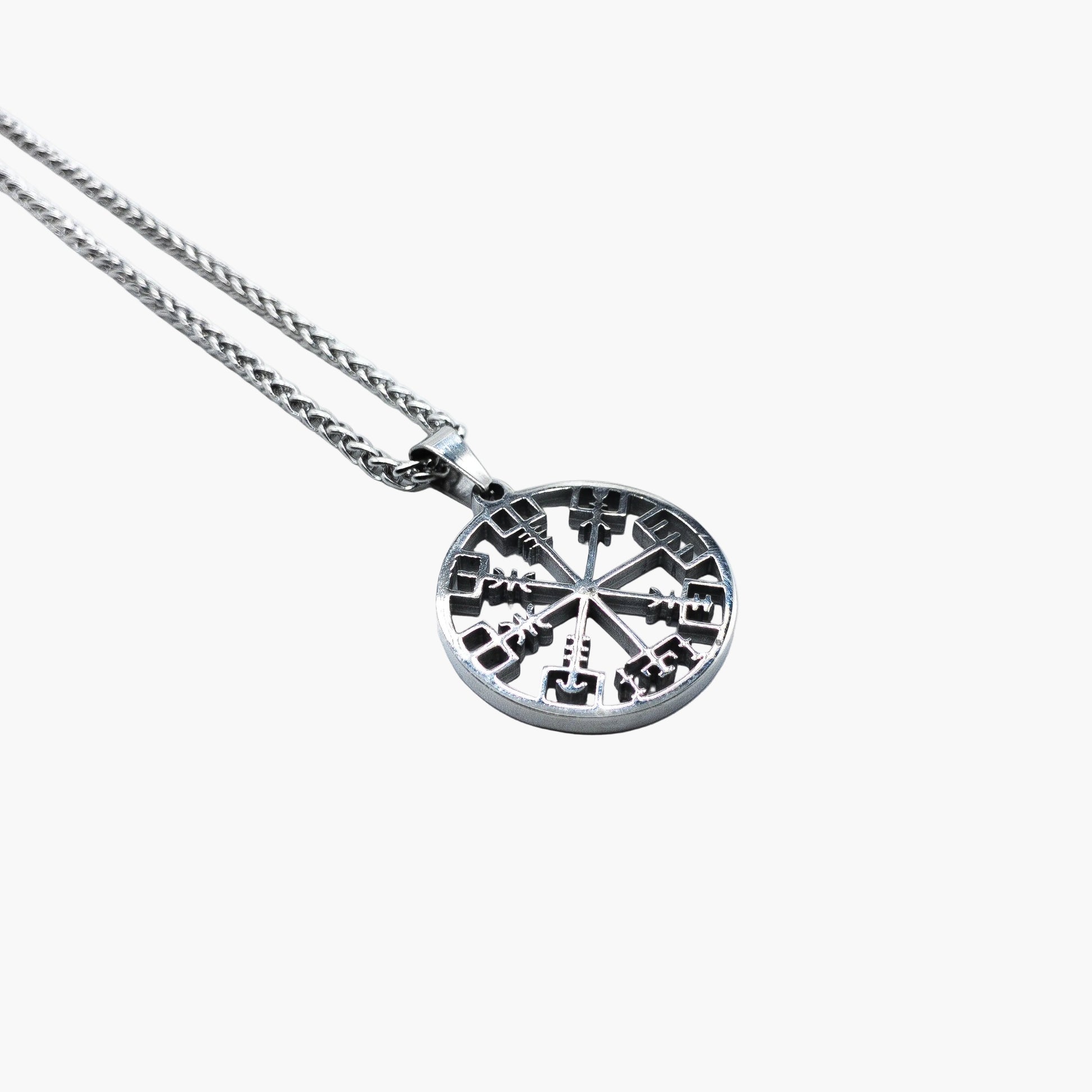 Vegvisir Norse compass pendant detail in stainless steel right angle shot