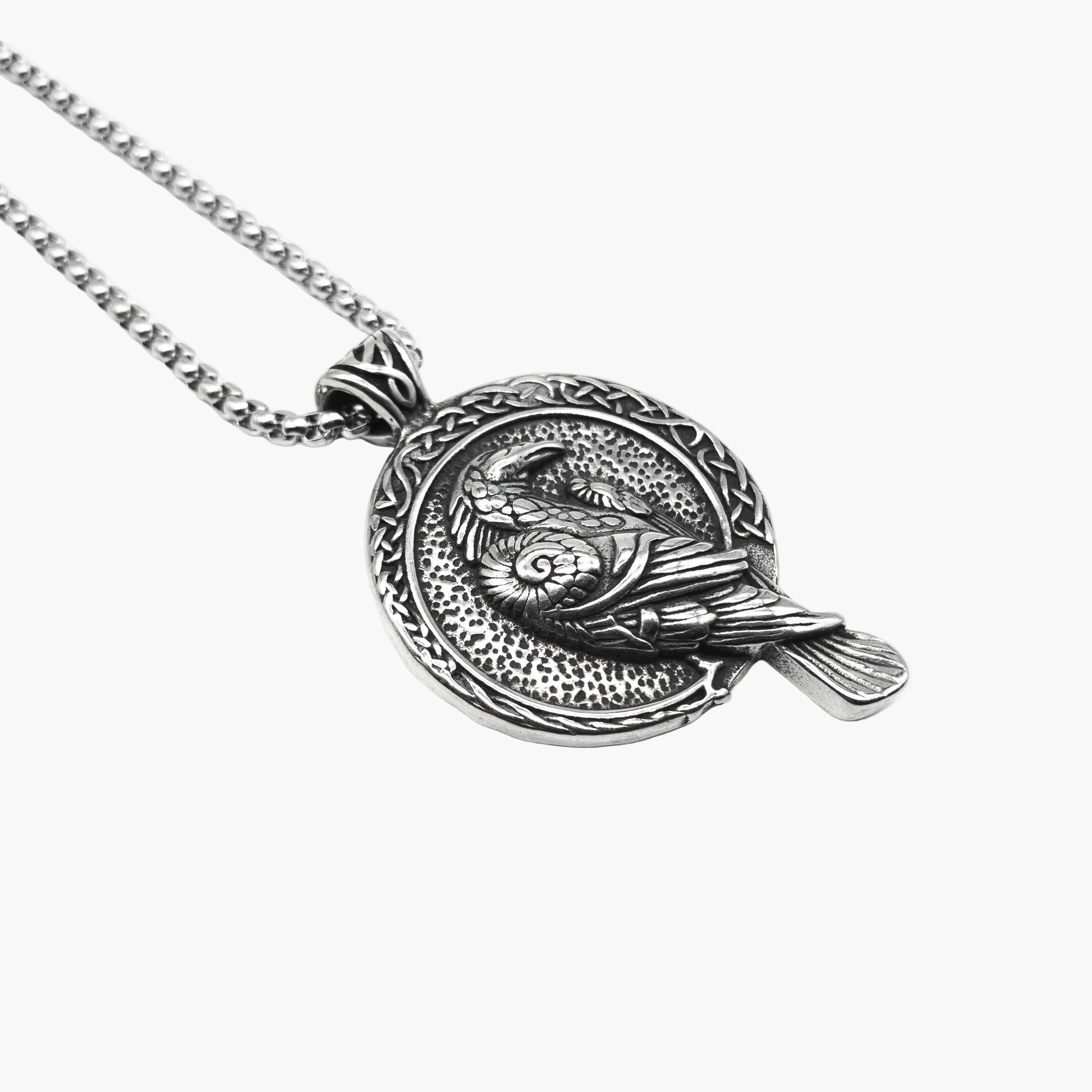 left angle view of Norse Eagle pendant in 316L stainless steel
