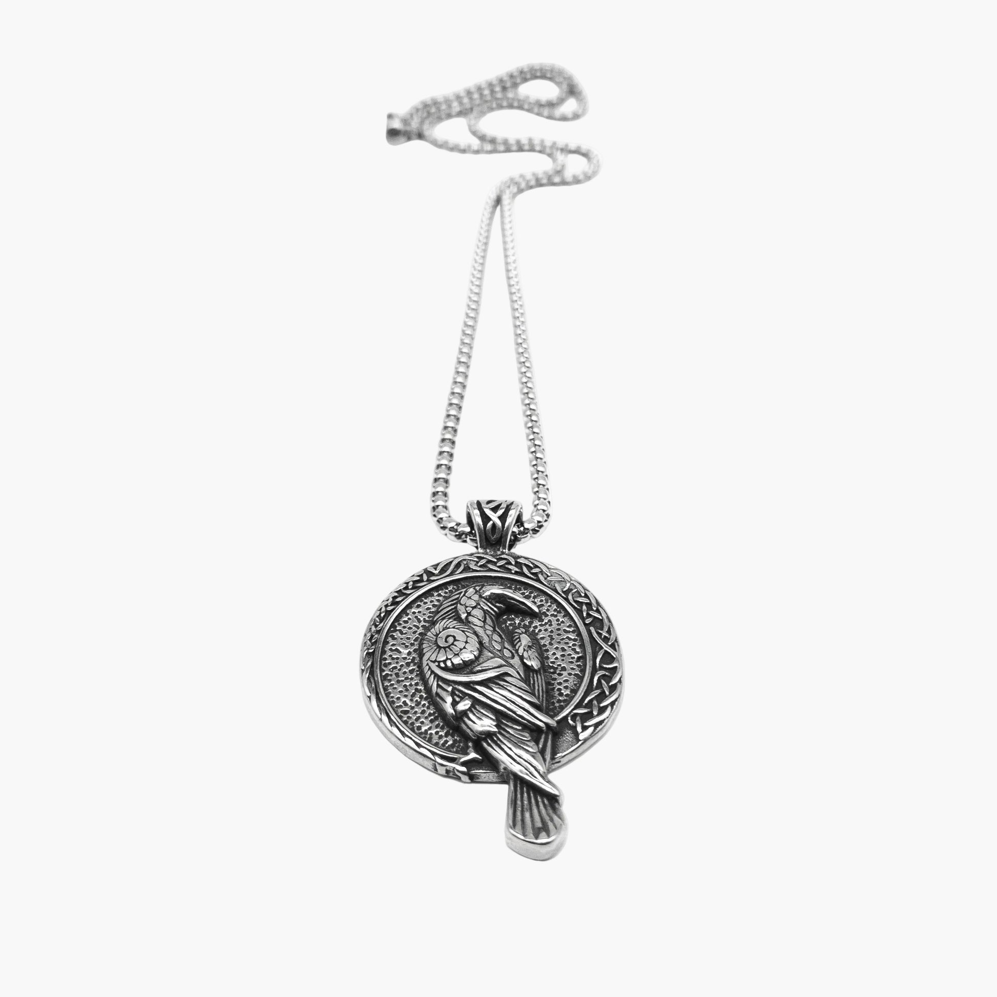 Huginn raven engraving detail on Norse Eagle stainless steel pendant