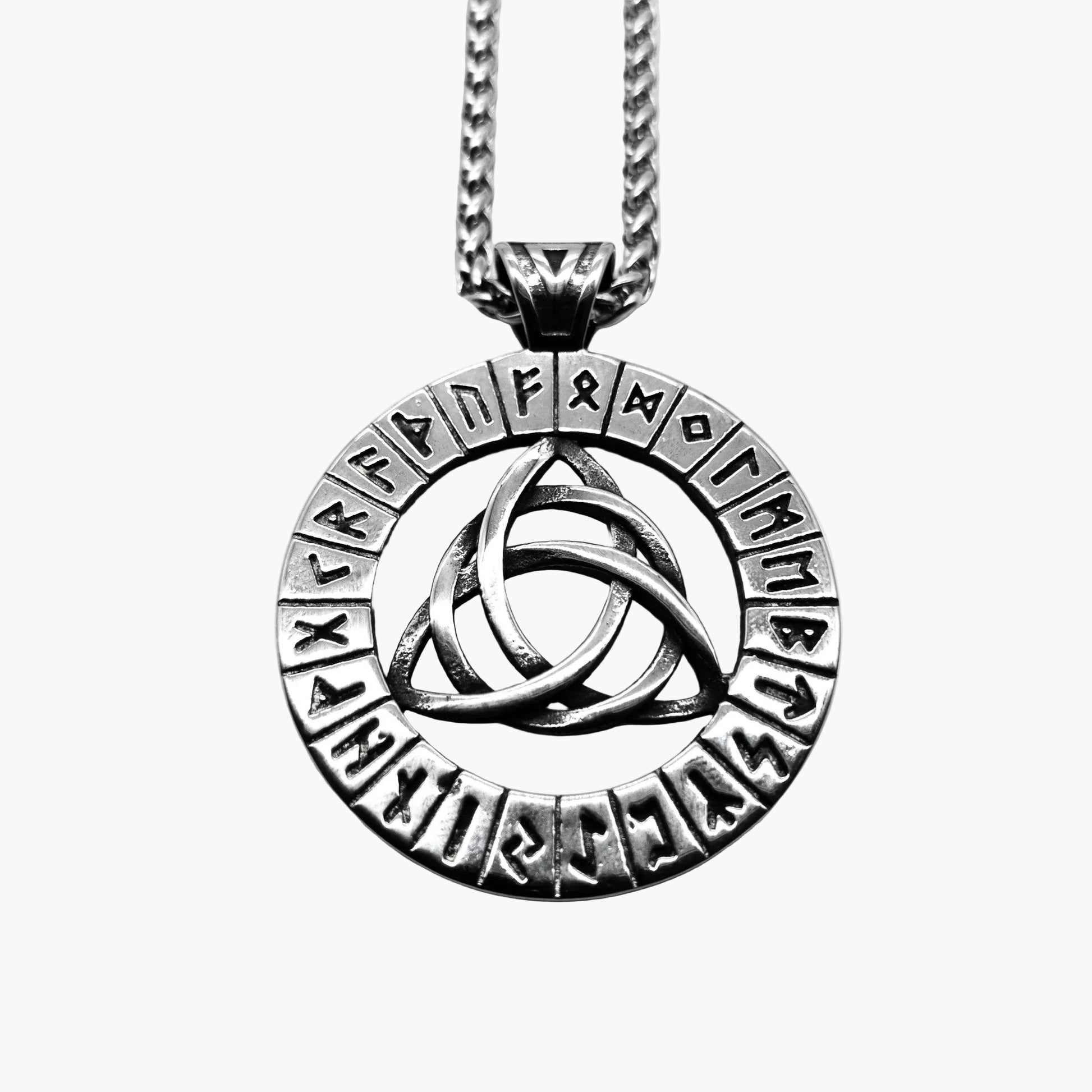 Norse-Gael Necklace by HOUSE OF ROK showing rune engraved Triquetra pendant in 316L stainless steel